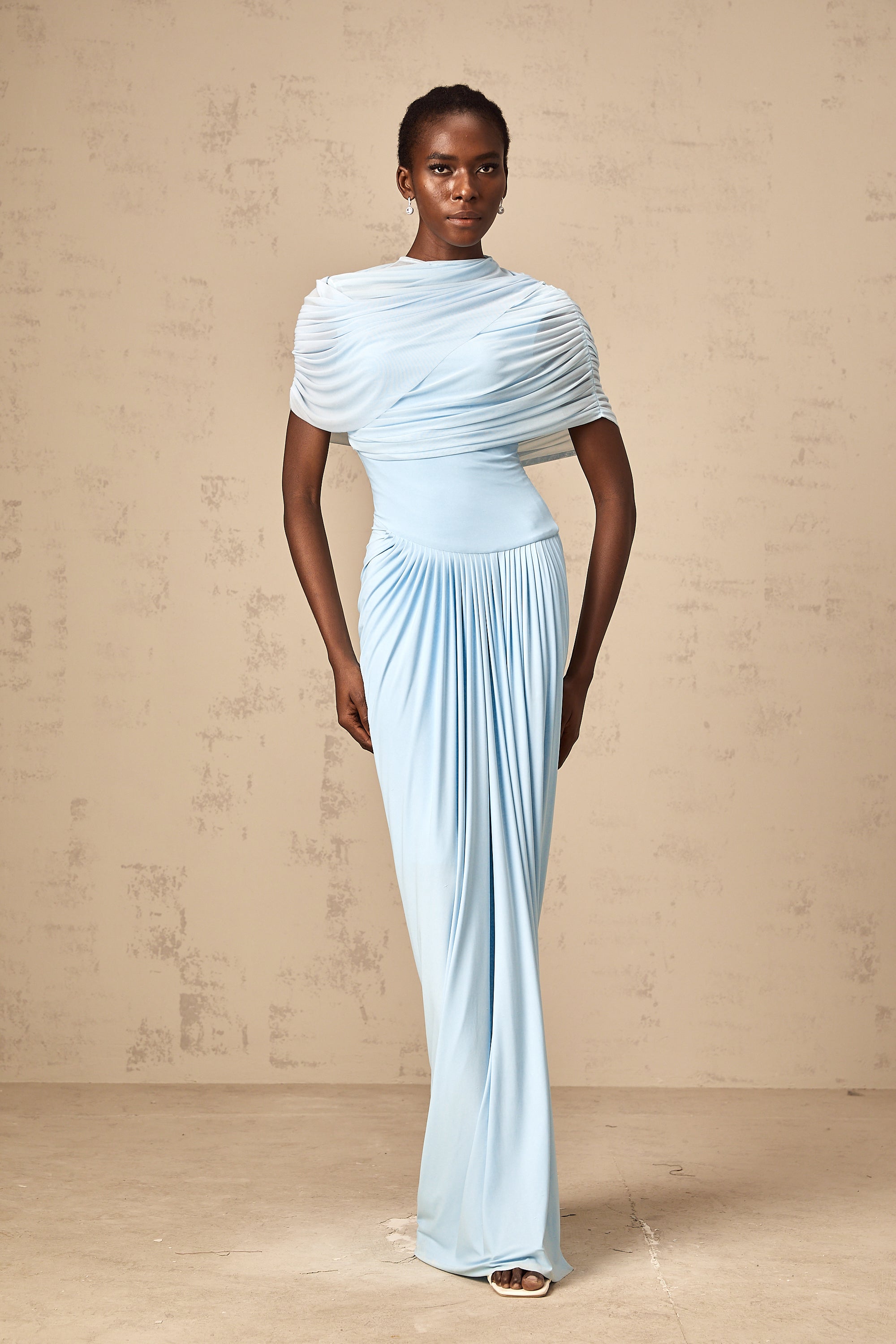 Catherine asymmetrical pleated maxi dress in Baby-blue