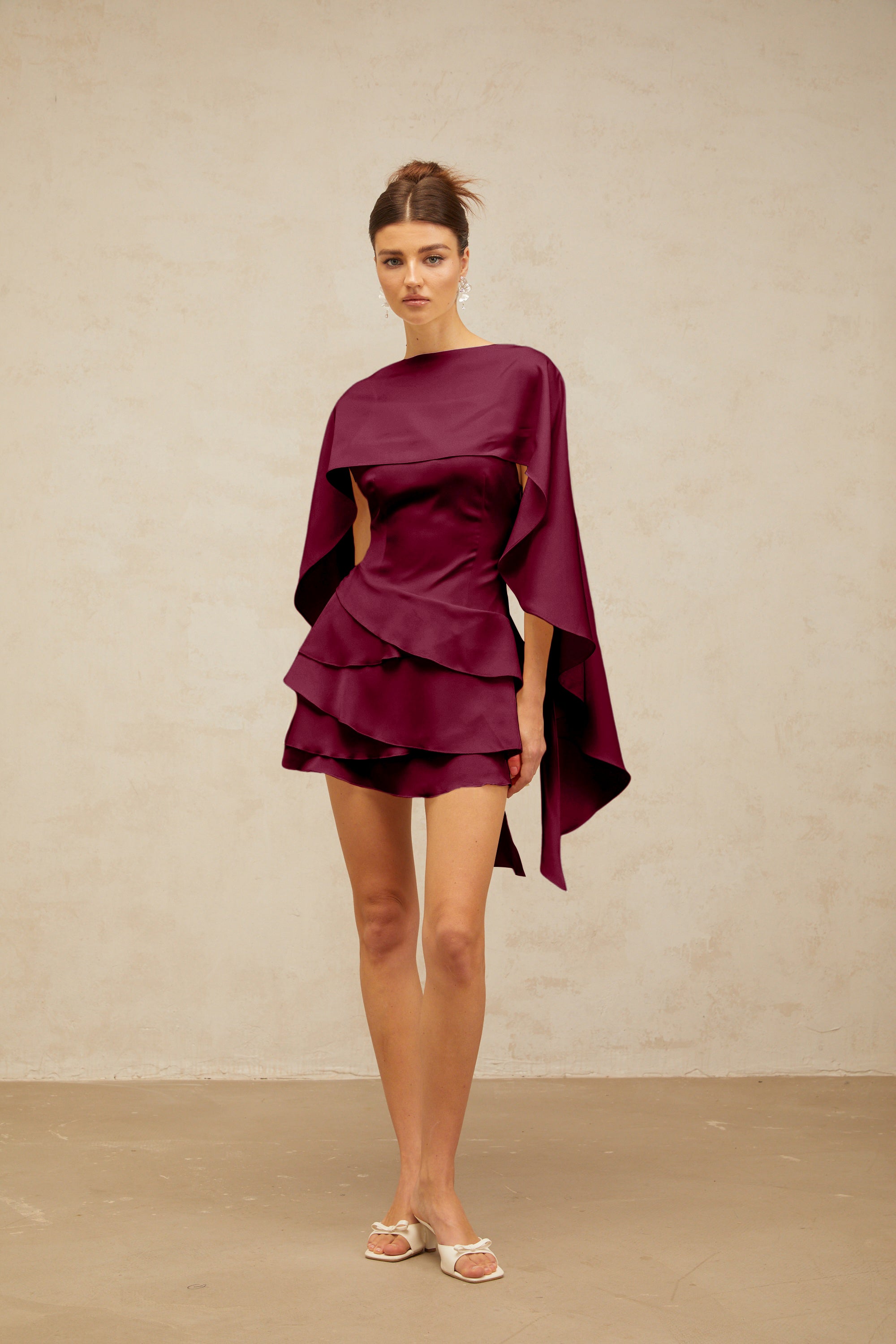 Lyna shawl-panel ruffled satin mini dress in Red (Final Sale)