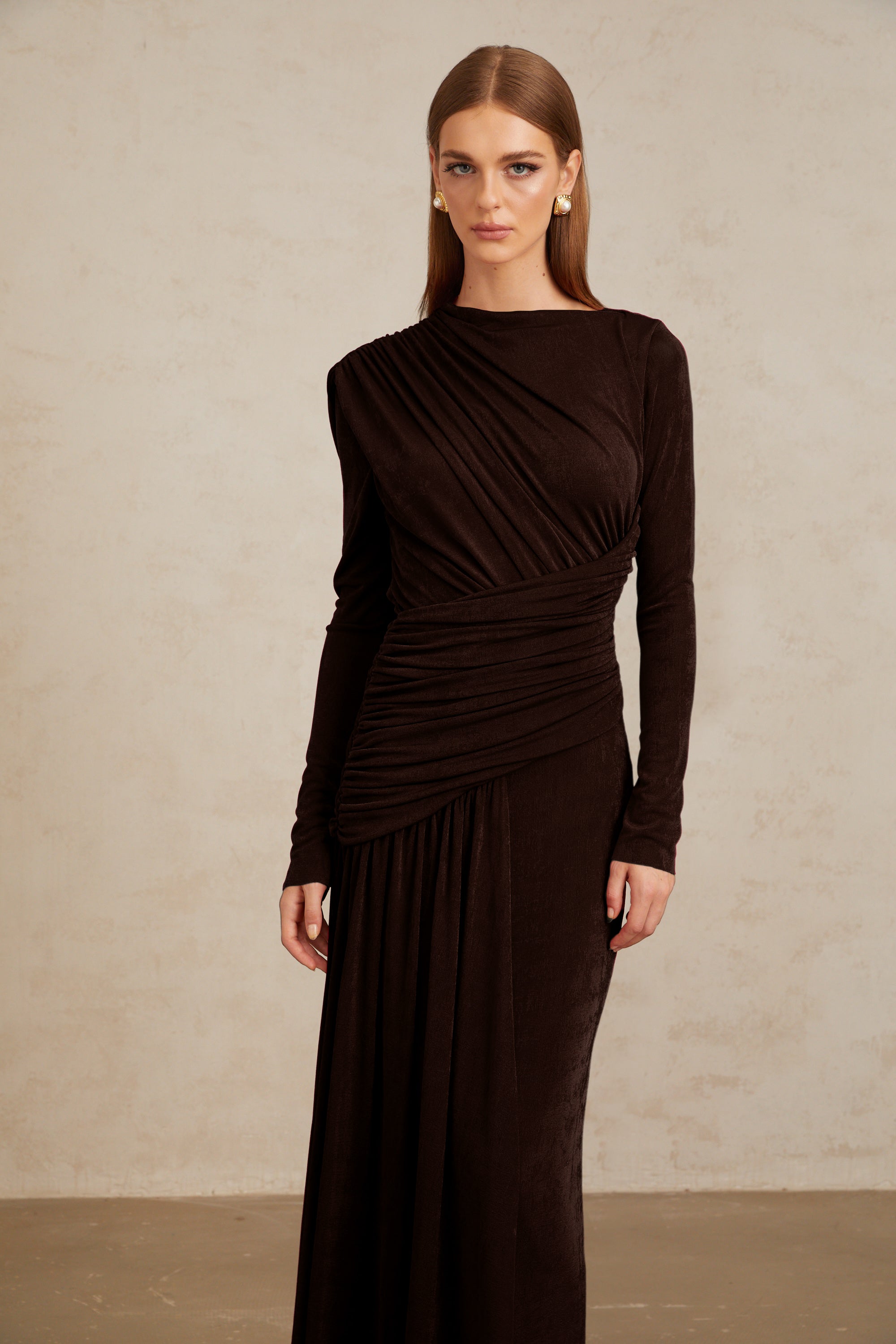 Charme Brown Ruched Maxi Dress