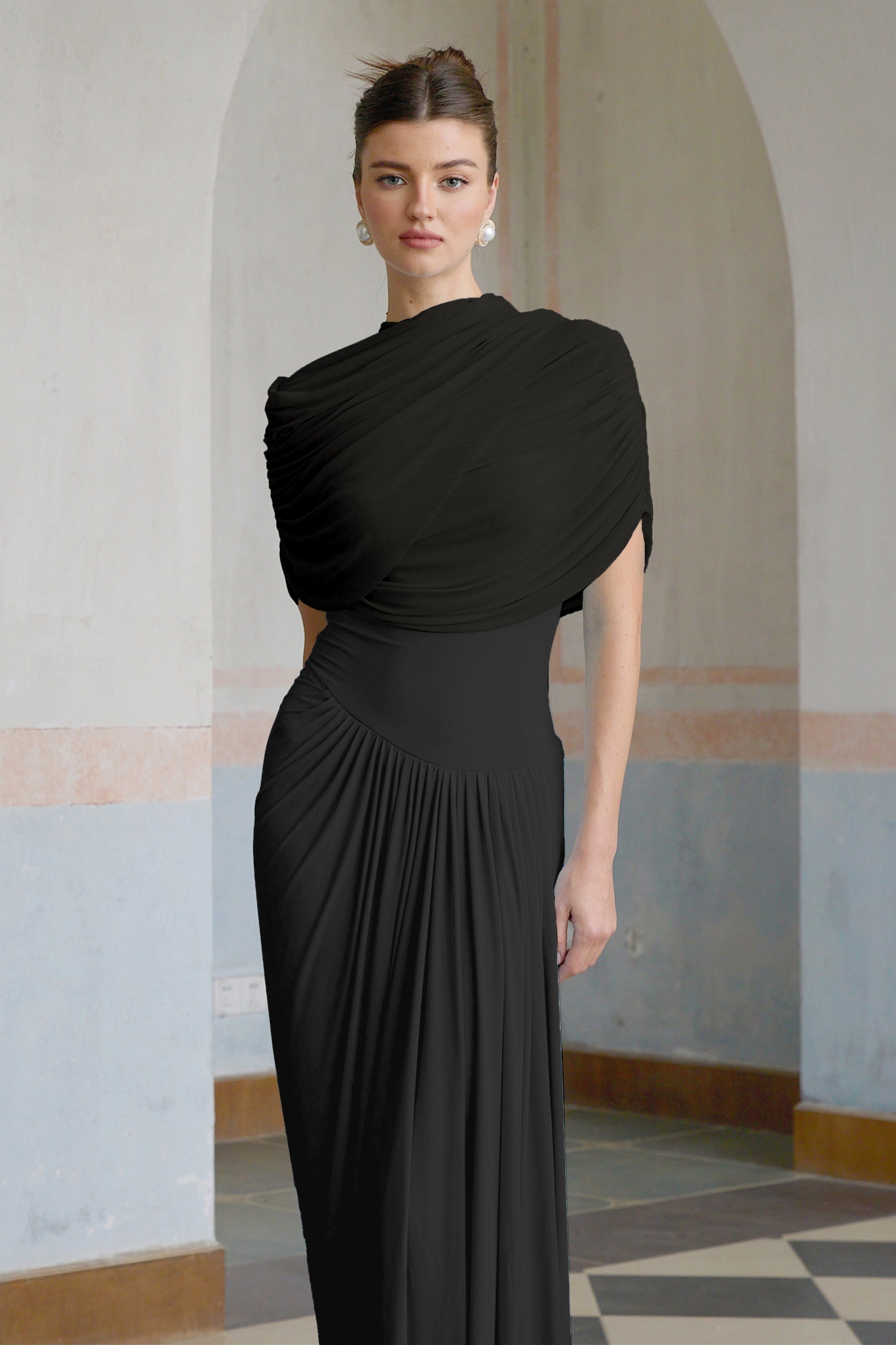 Catherine asymmetric pleated maxi dress in Black