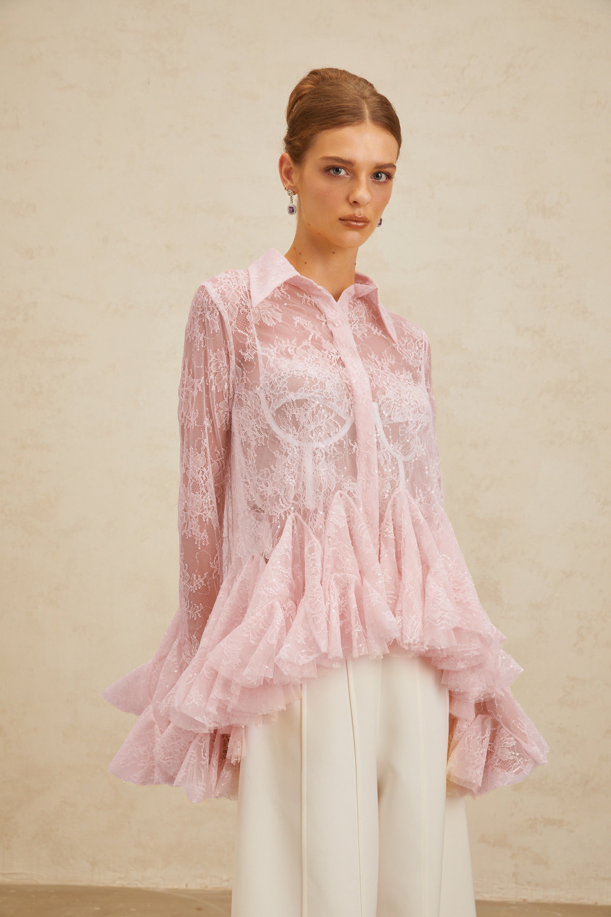 Ingrid Pink Peplum Floral Lace Blouse