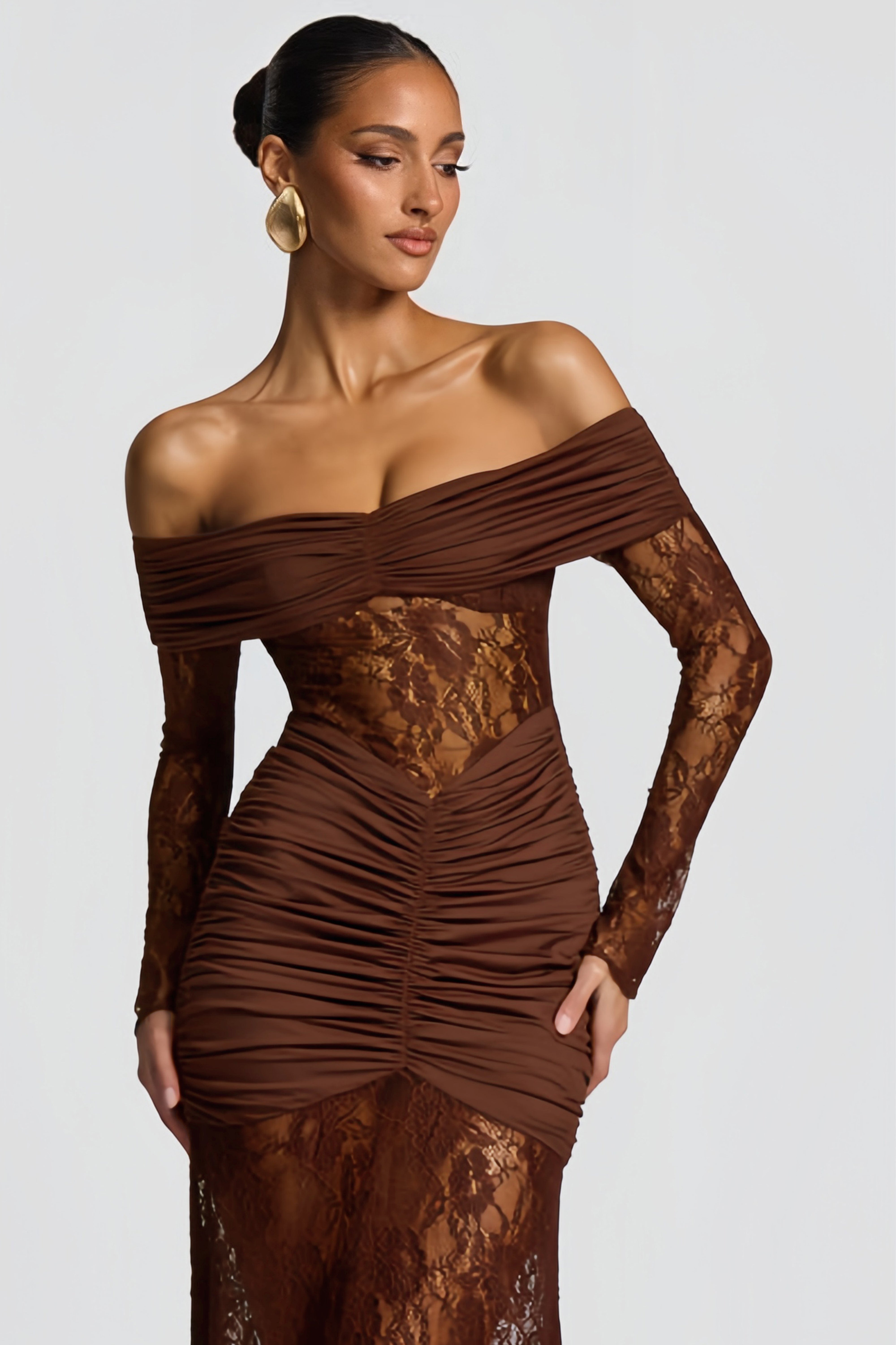 Brigitte Brown Lace Panel Ruched Maxi Dress (Final Sale-US Only)