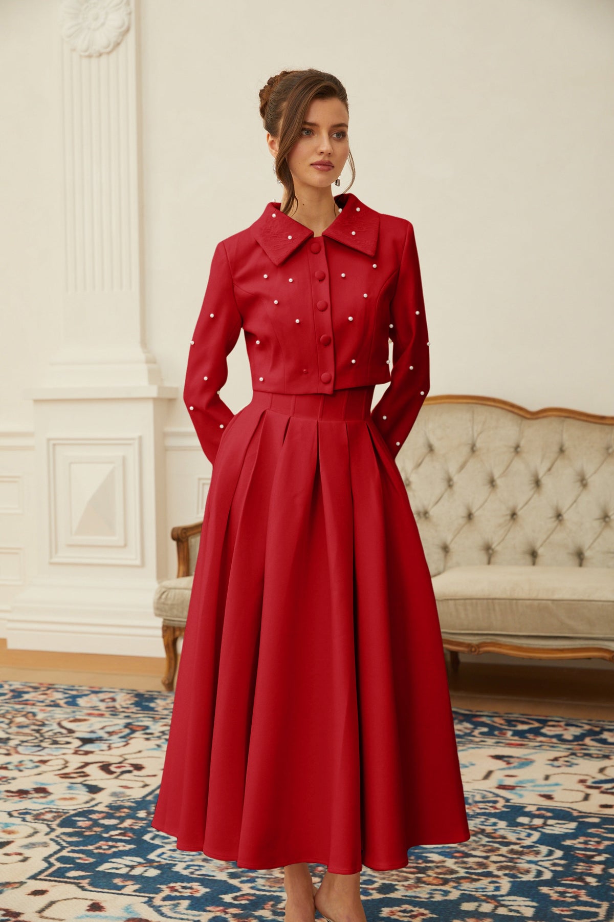 Maja Red Faux Pearl Jacket & Pleated Skirt Set