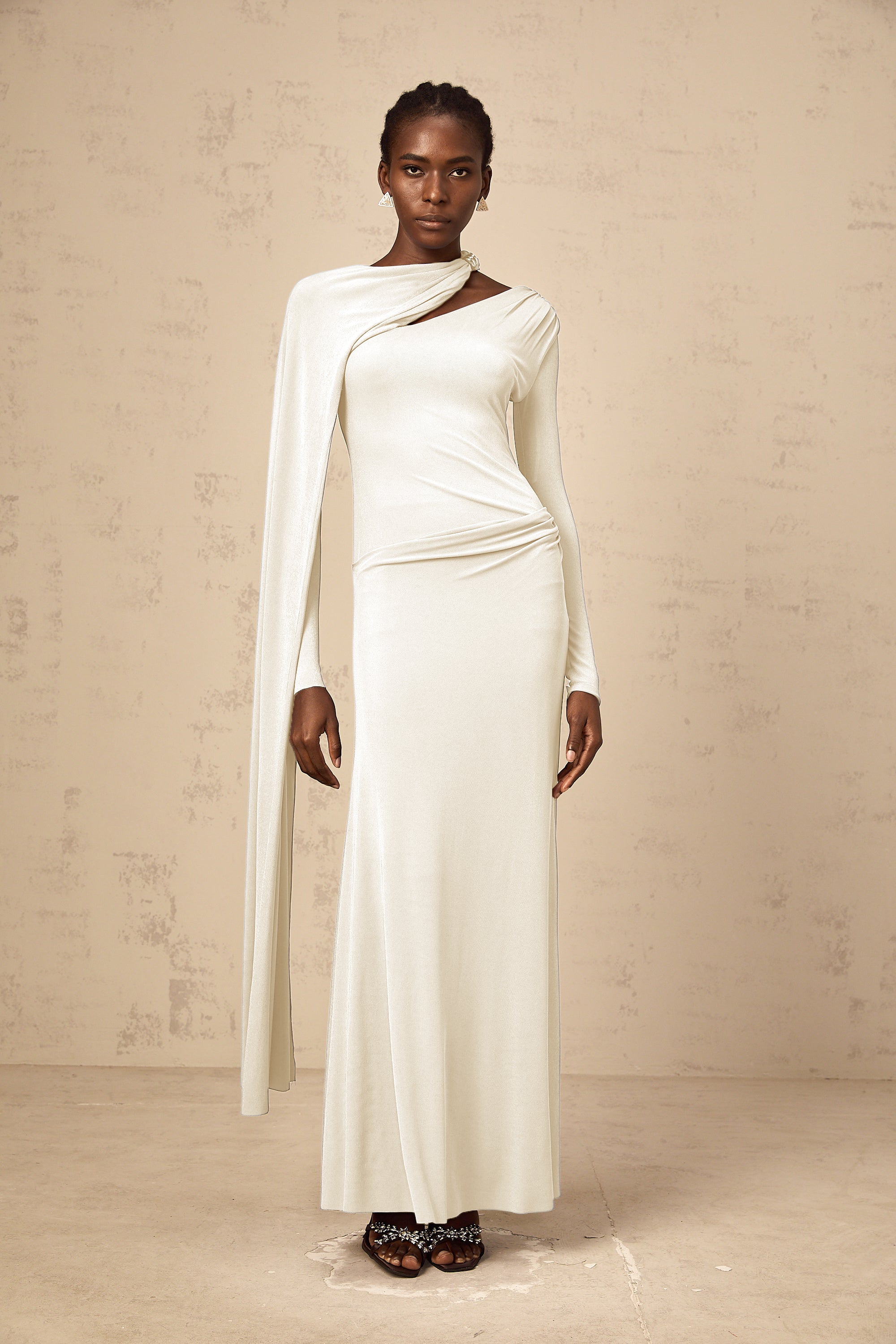 Josette White Diagonal Shawl Fitted Maxi Dress