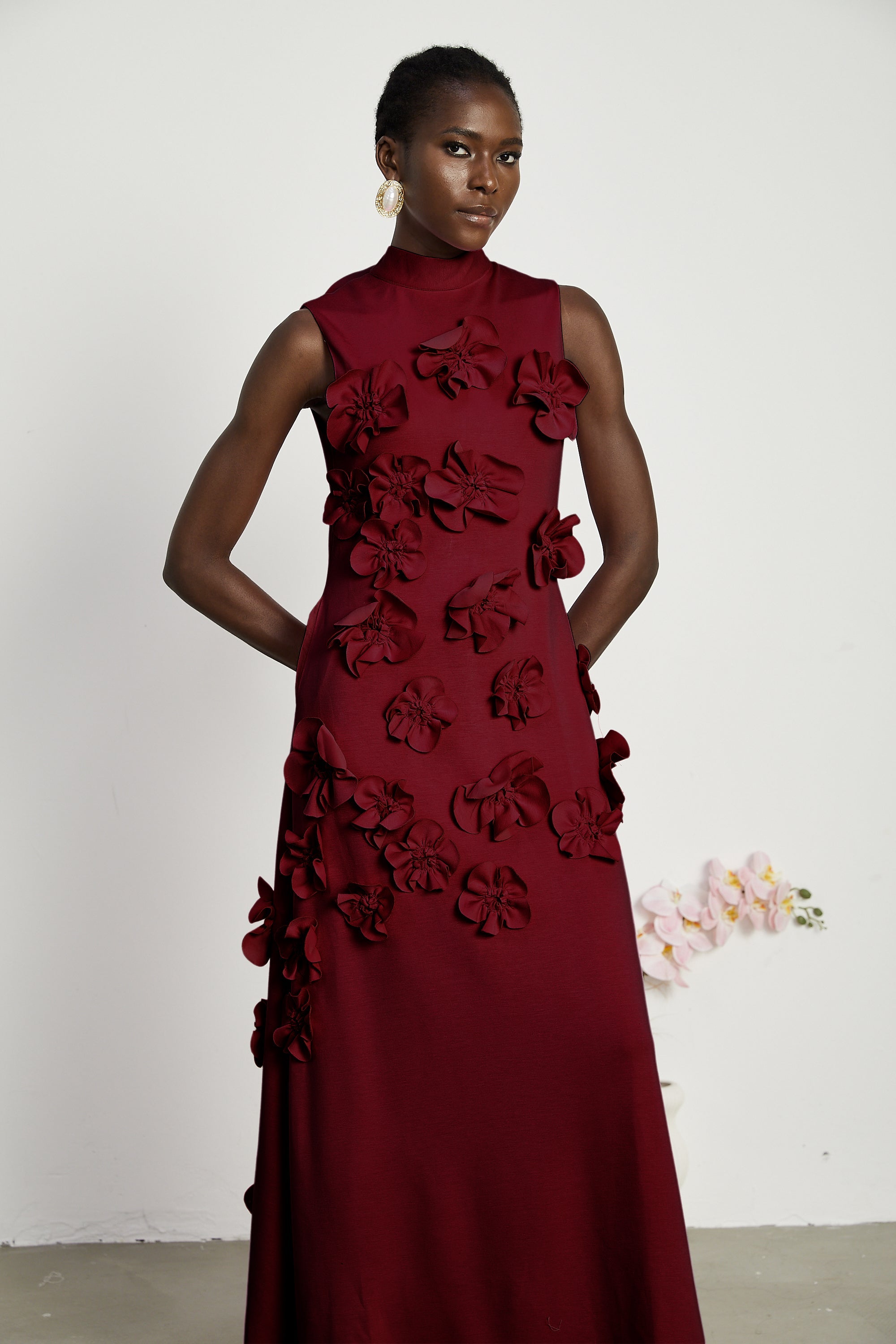 Magali Red Sleeveless Maxi Dress with Faux Flower & Bow-Tie Embellishment (Final Sale-US Only)