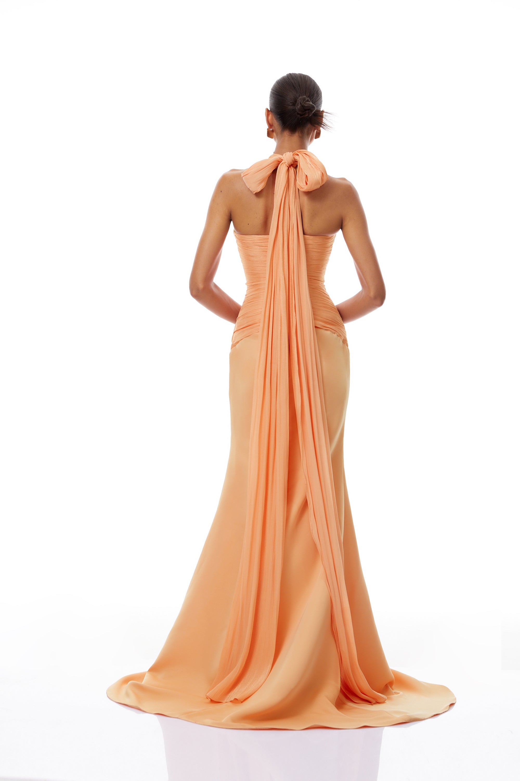 Emmeline Orange Train Design Gathered Maxi Dress