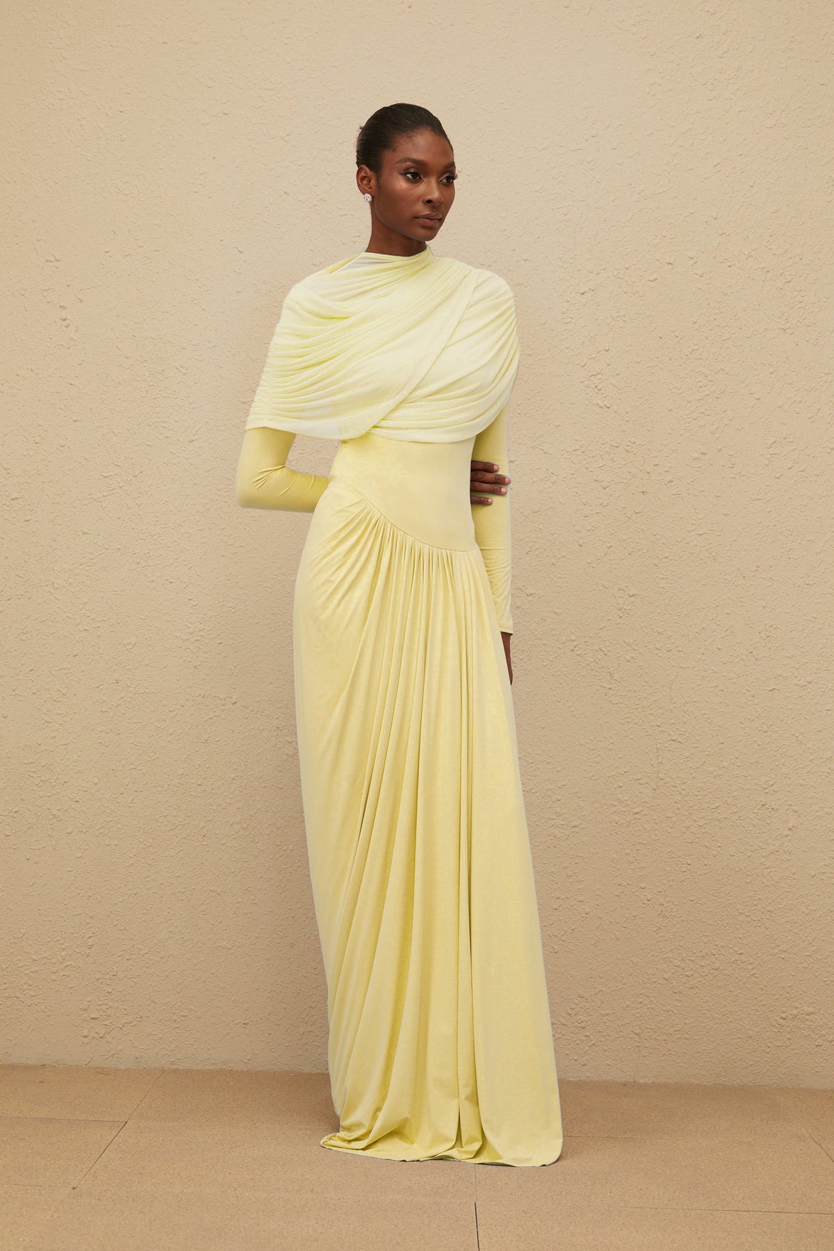 Catherine Yellow Asymmetrical Pleated Long-Sleeve Maxi Dress (Final Sale-US Only)