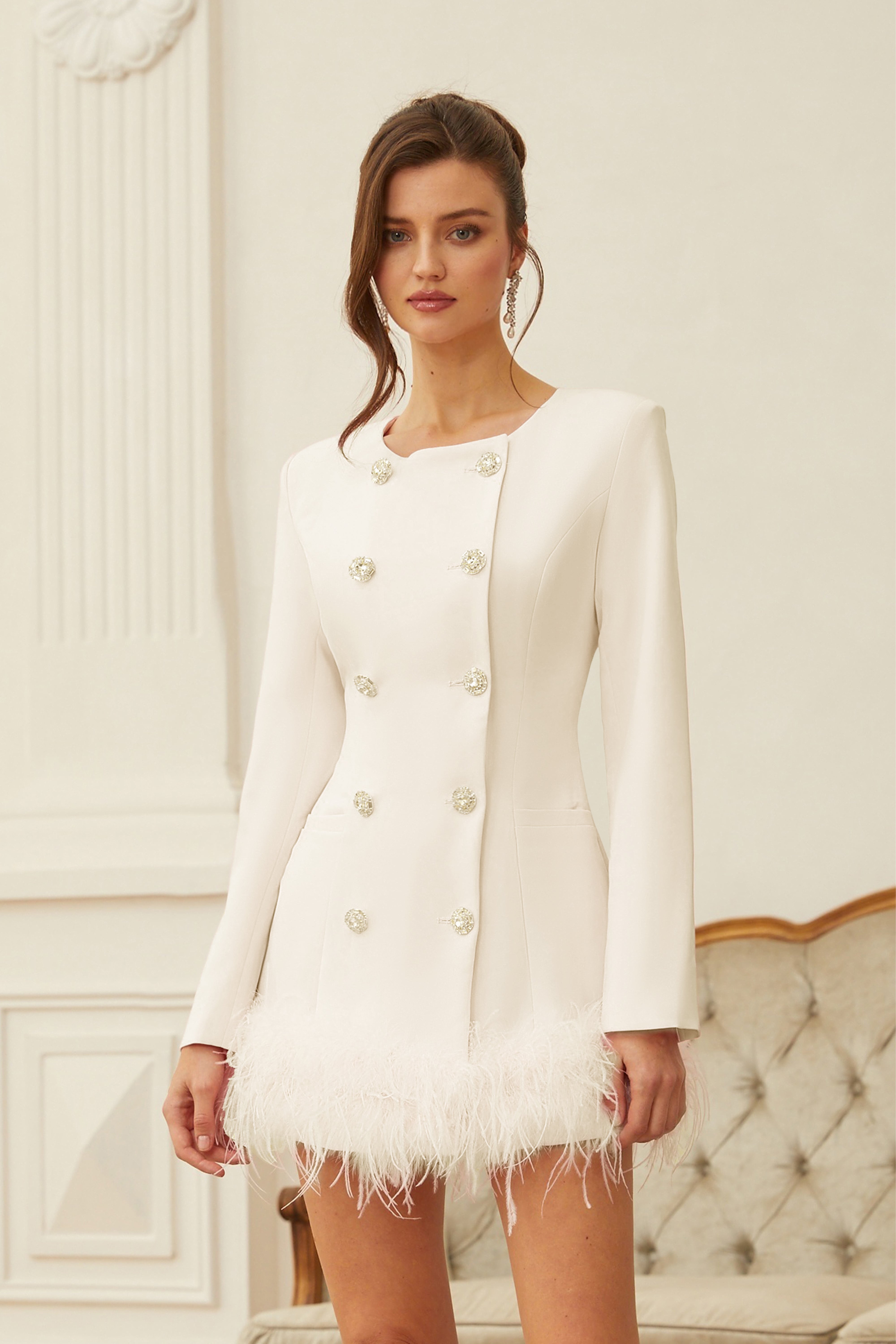 Freja White Feather Trim Mini Blazer Dress