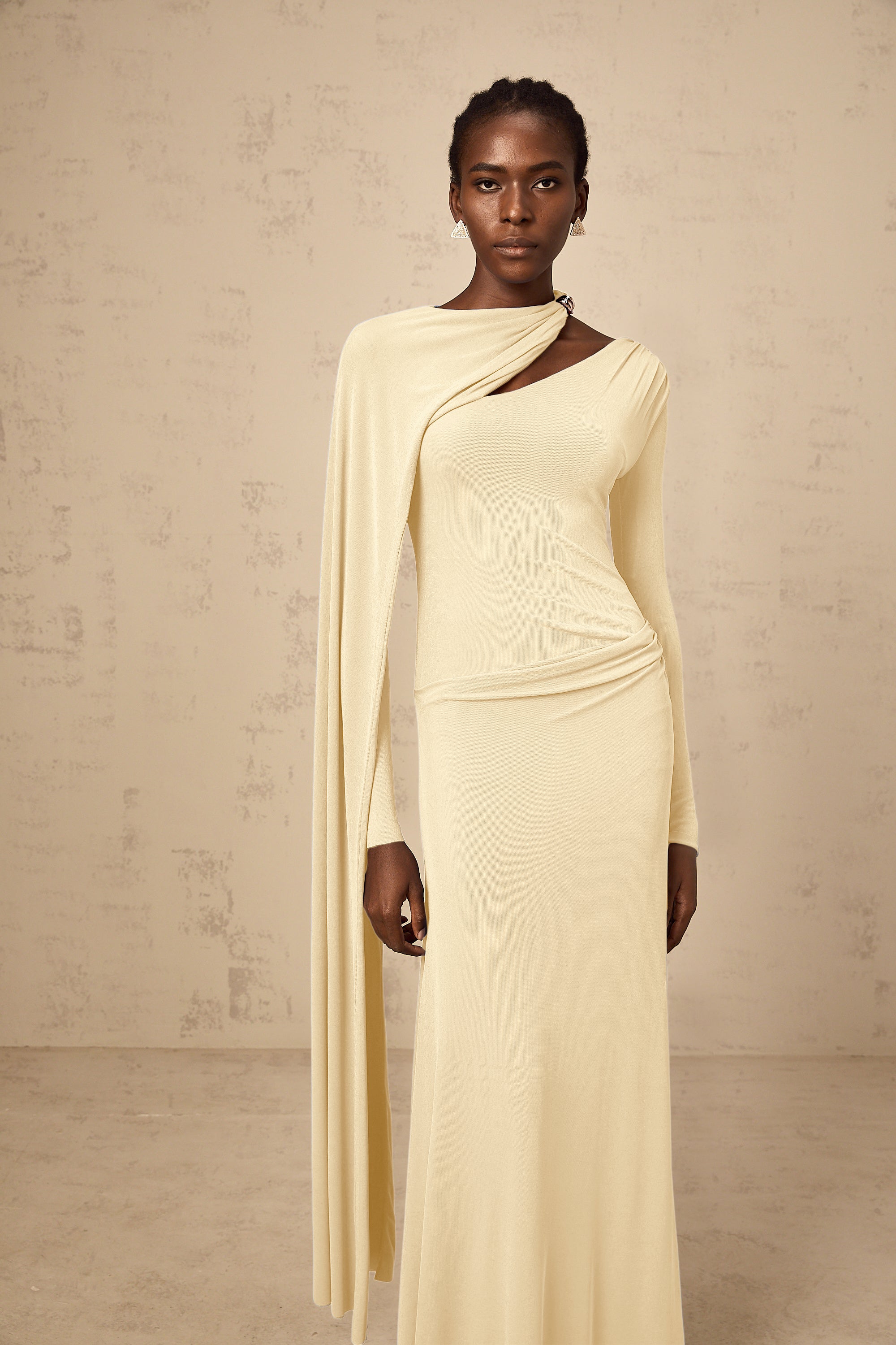 Josette Yellow Diagonal Shawl Fitted Maxi Dress