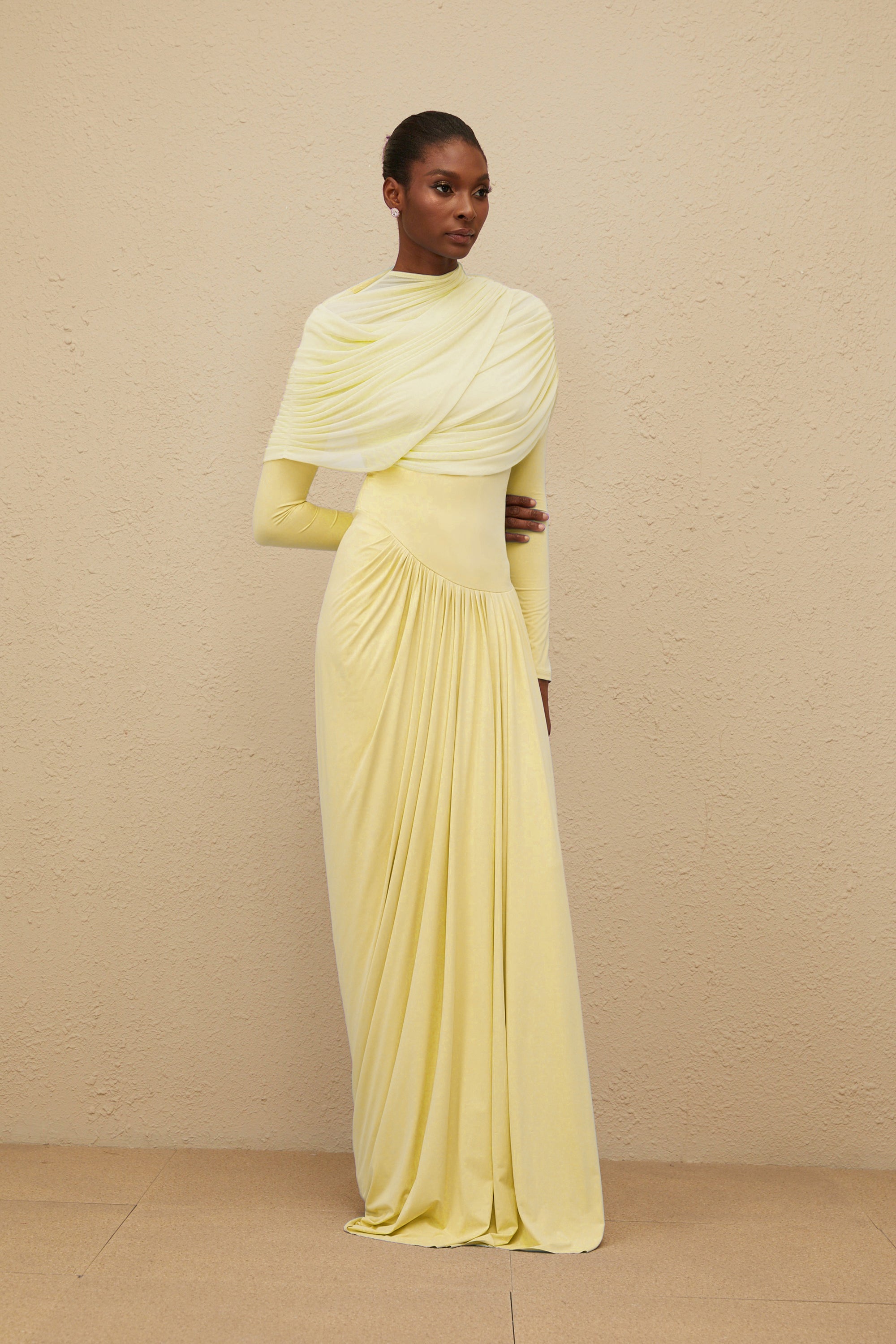 Catherine Yellow Asymmetrical Pleated Long-Sleeve Maxi Dress