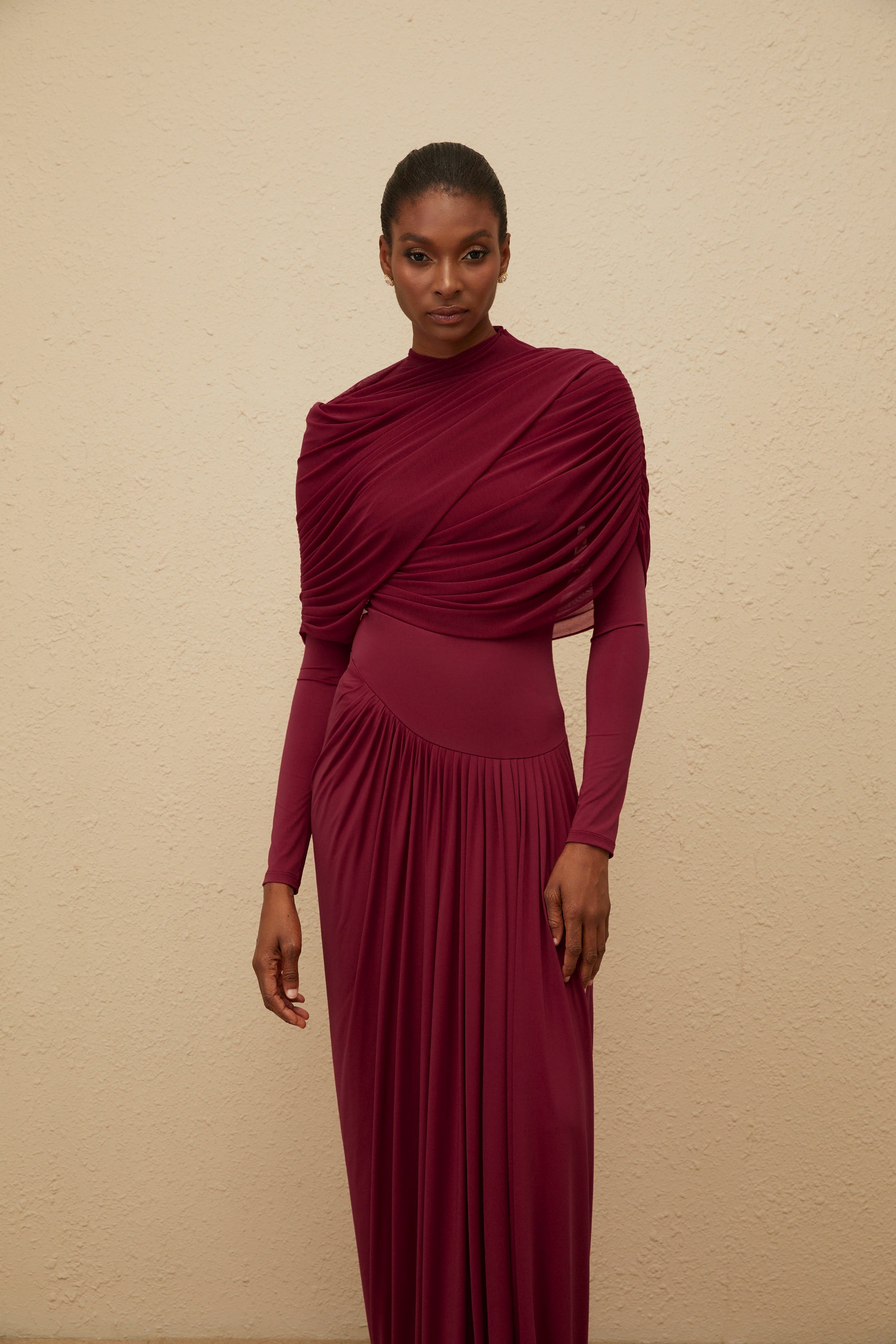 Catherine Red Asymmetrical Pleated Long-Sleeve Maxi Dress