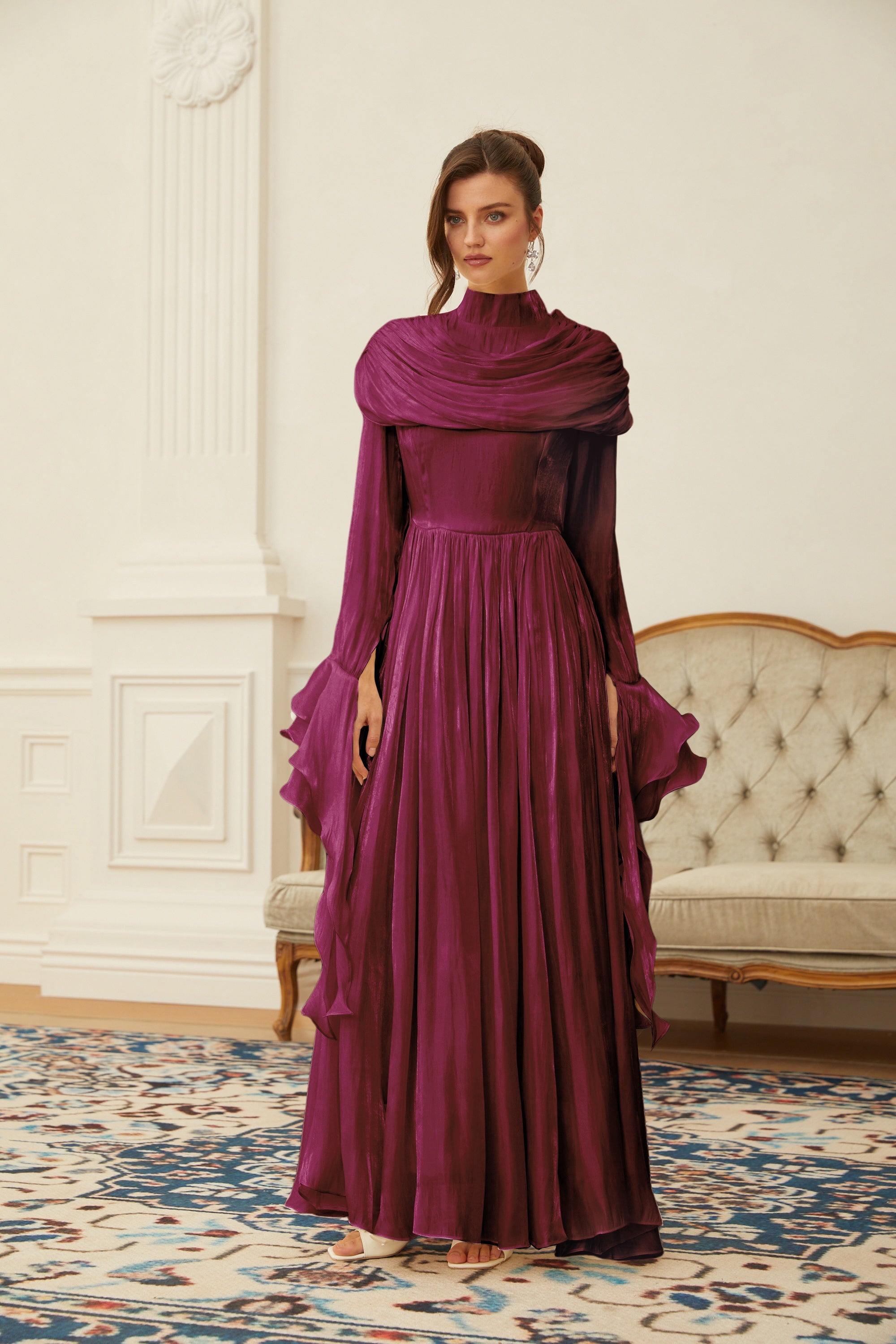 Danuta Burgundy Ruched Pleated Maxi Dress (Final Sale)