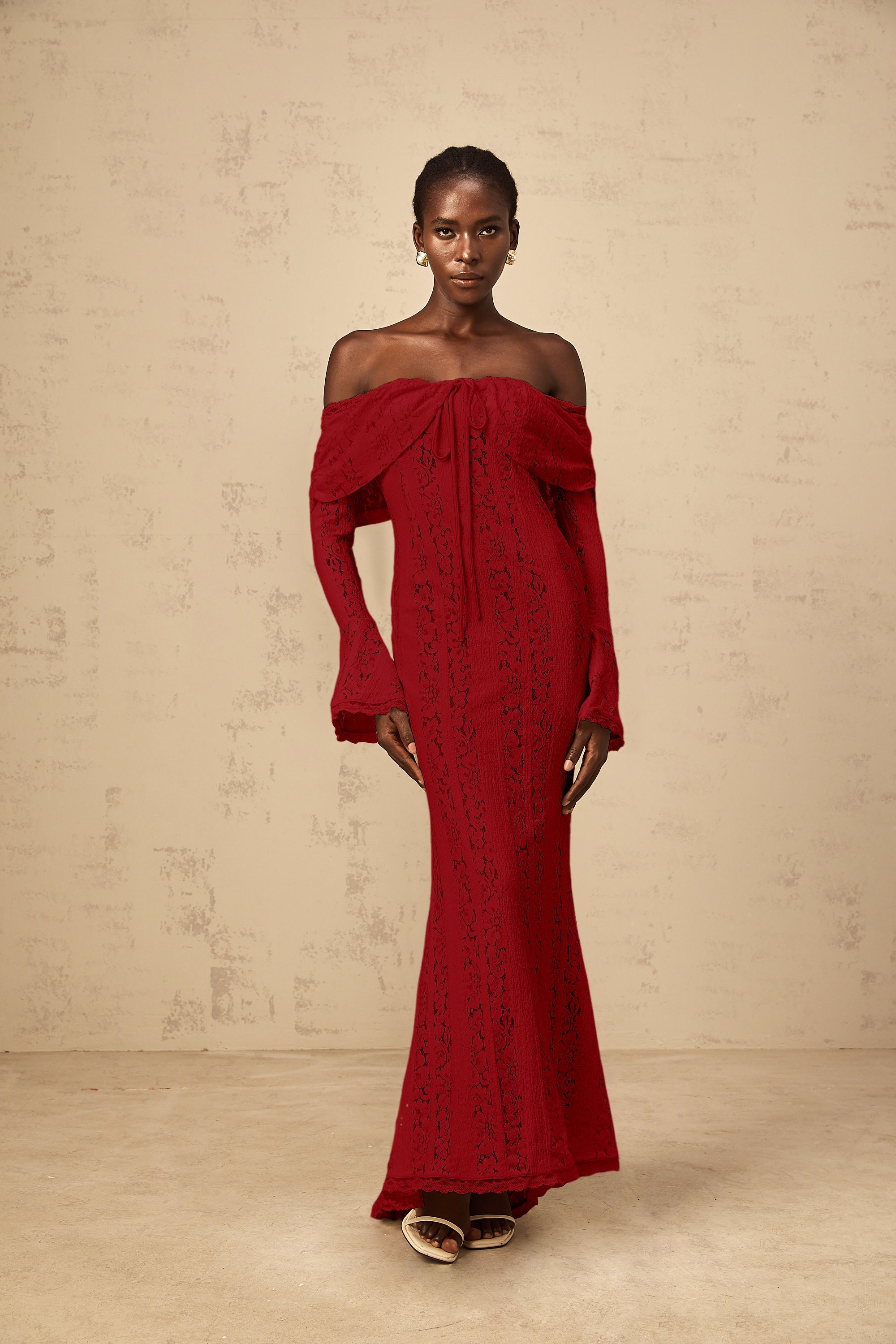Émeline floral lace train-design maxi dress in Red (Final Sale-US Only)