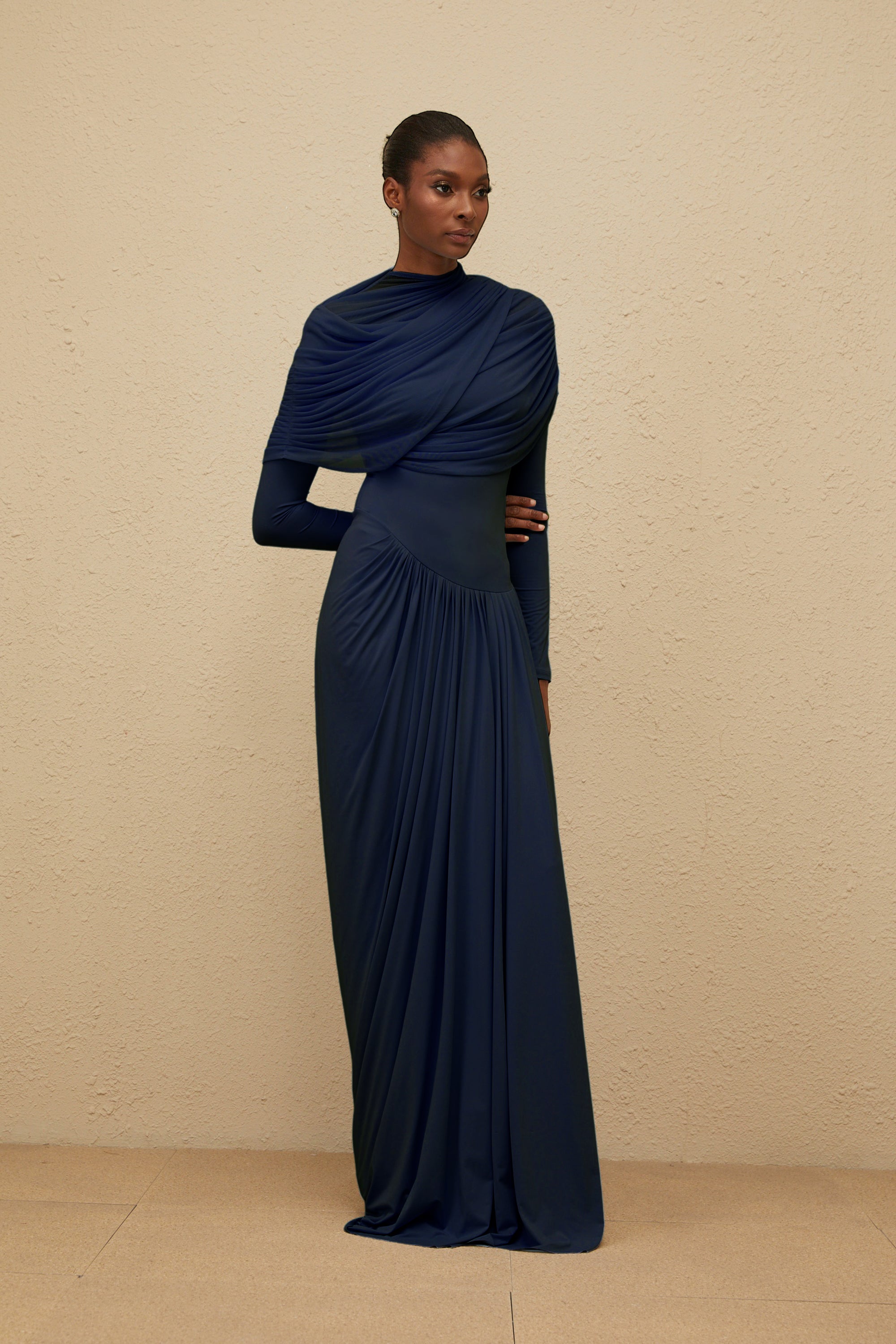 Catherine Navy-Blue Asymmetrical Pleated Long-Sleeve Maxi Dress