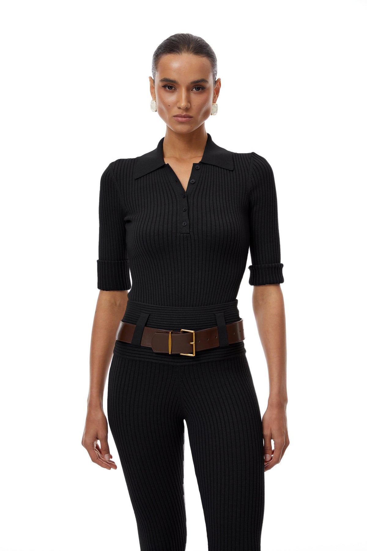 Claire Black Ribbed Knit Bodysuit & Trousers Set (Final Sale-US Only)