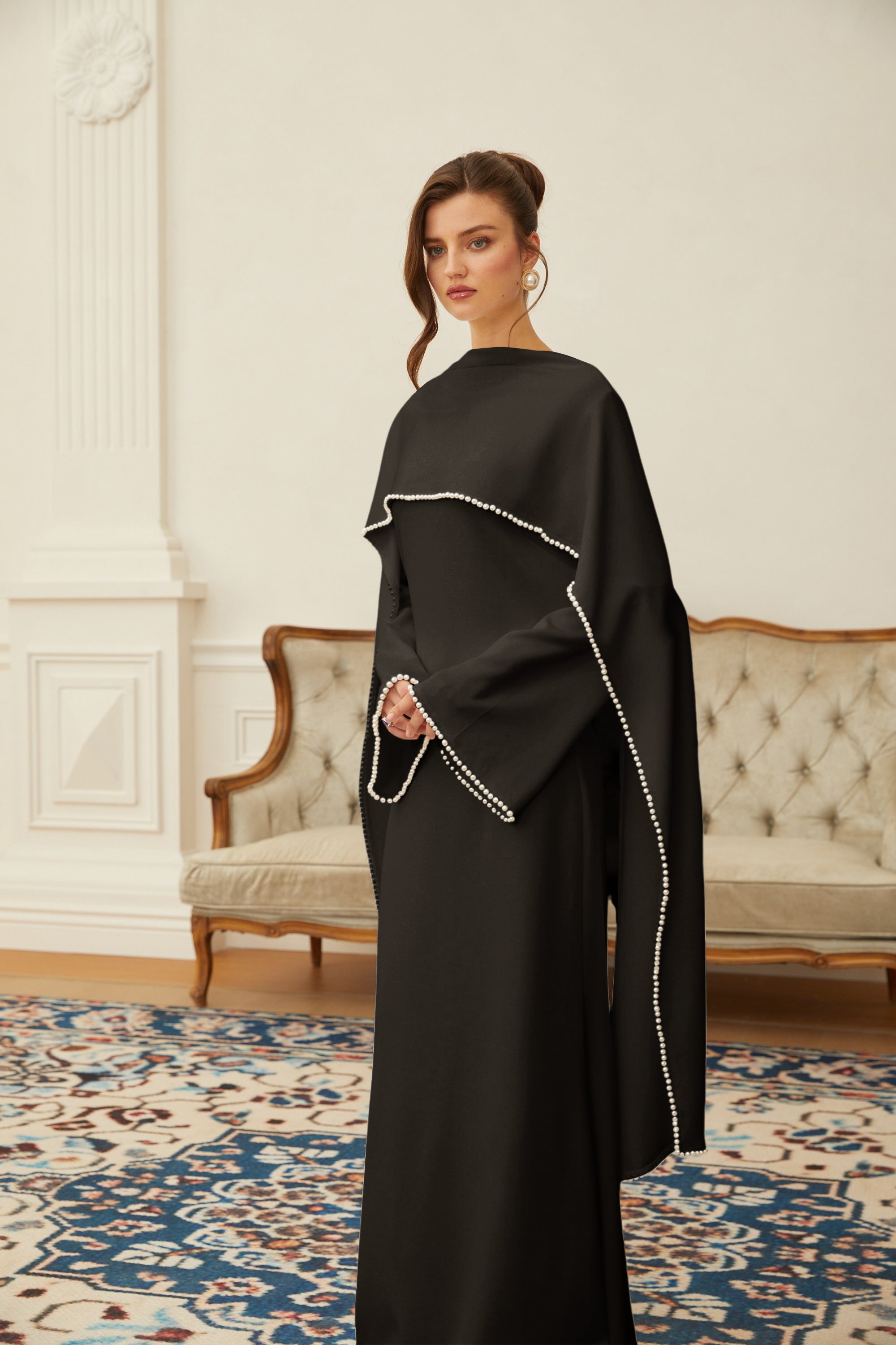 Piroska Black Pearl Trim Shawl Detail Maxi Dress