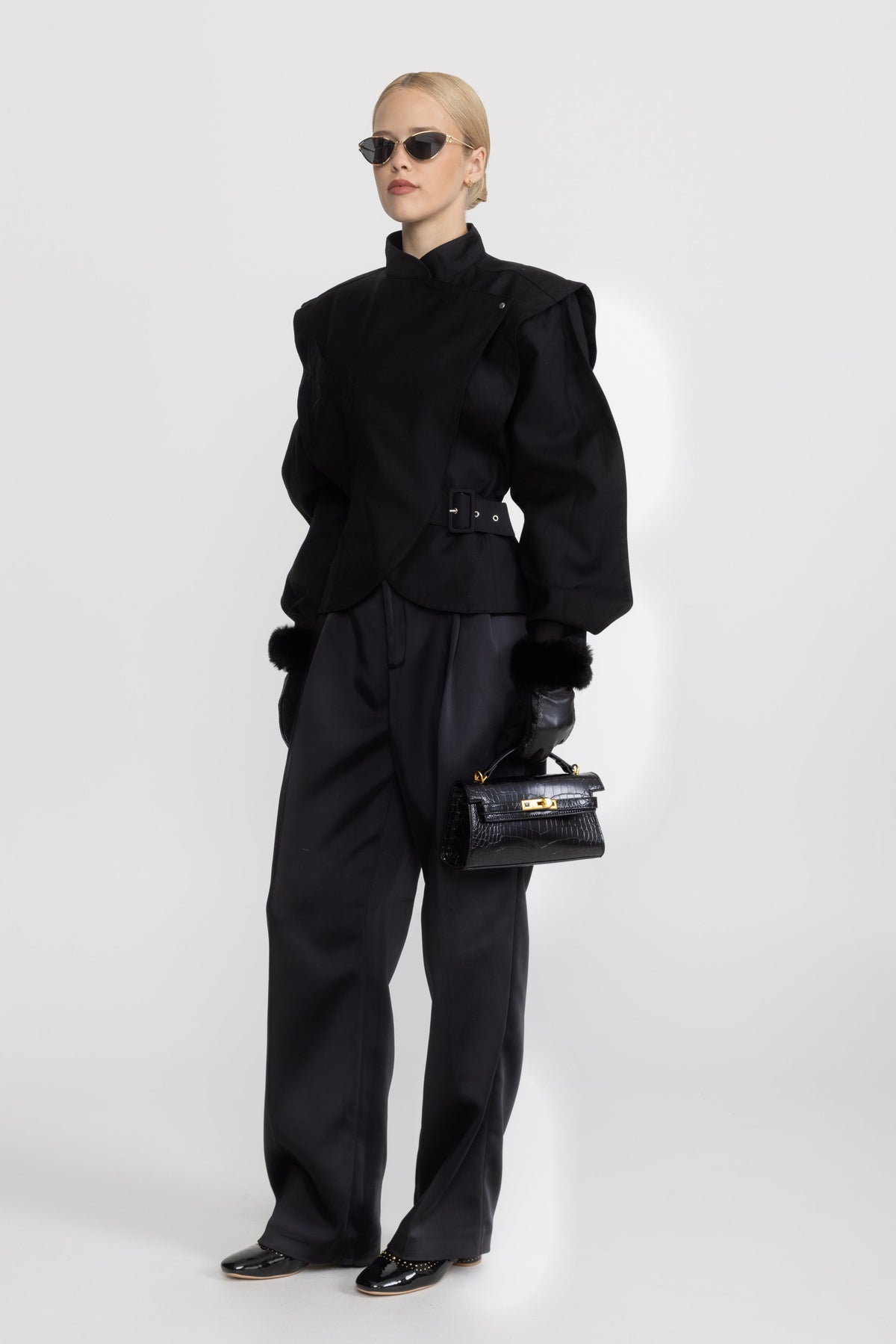 Structured Balloon Sleeve Wrap Jacket - Black