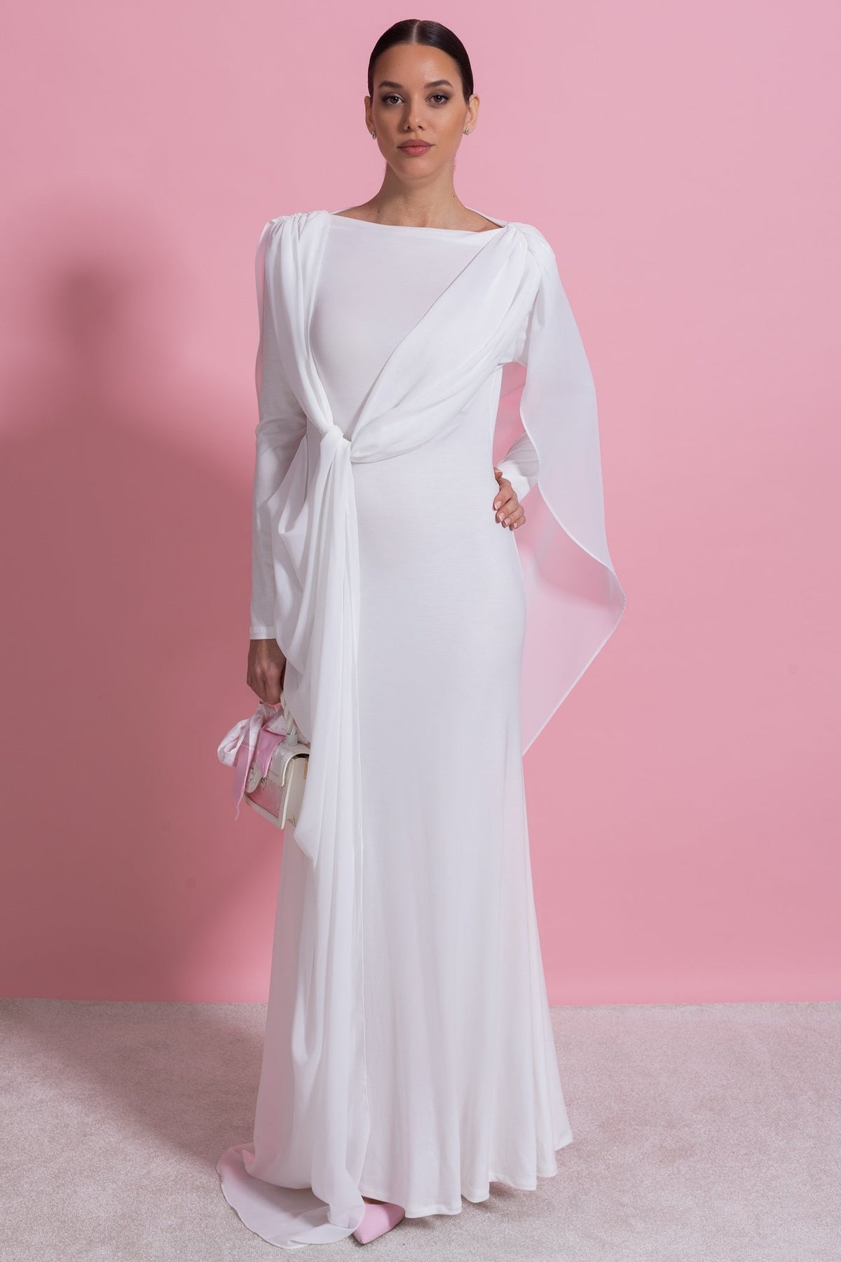 Draped Long Sleeve Maxi Dress With Cape Overlay With Knot Front Detail - White