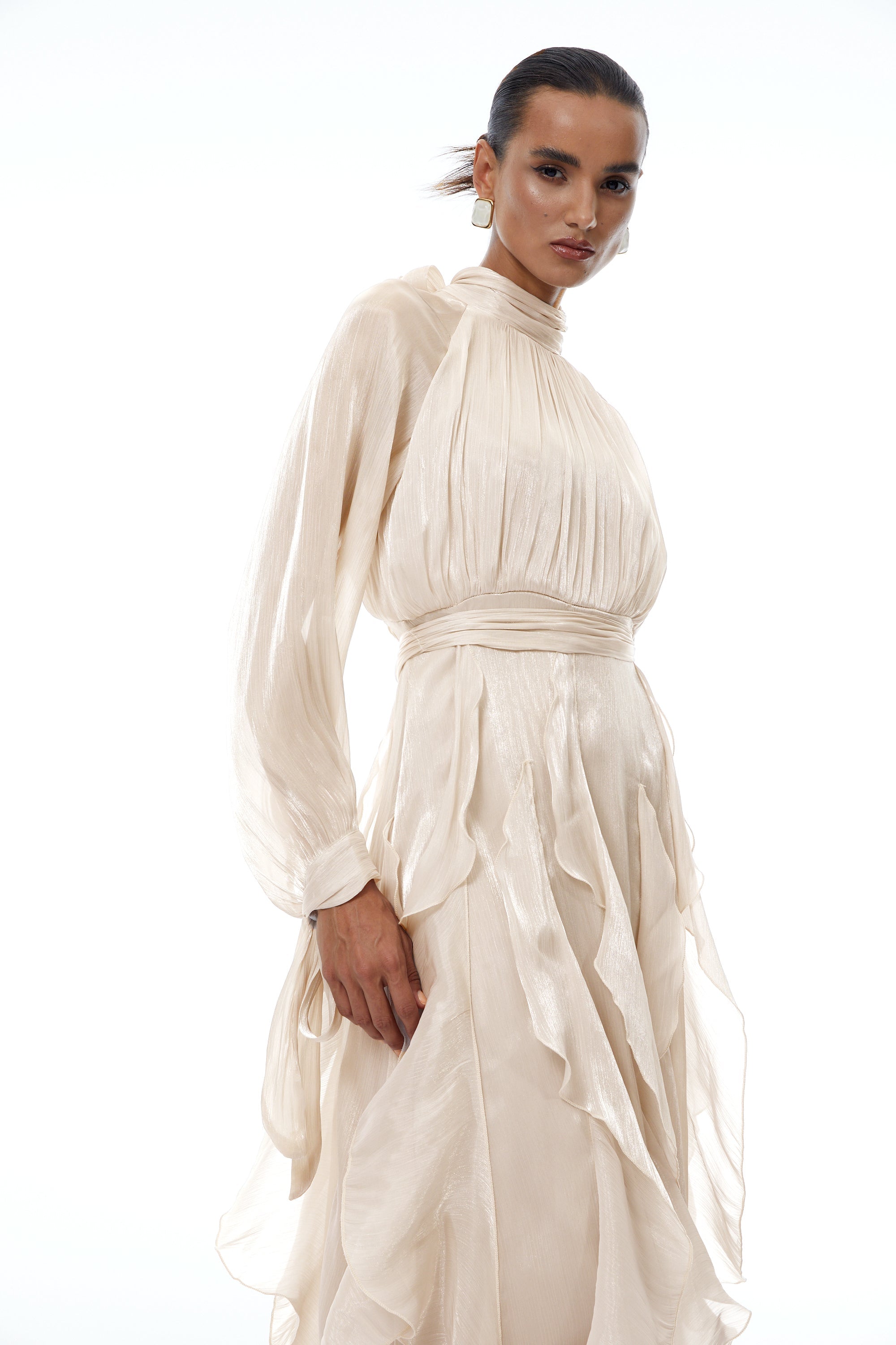 Zélie Neutral Glossy Pleated Ruffled Maxi dress (Final Sale-US Only)