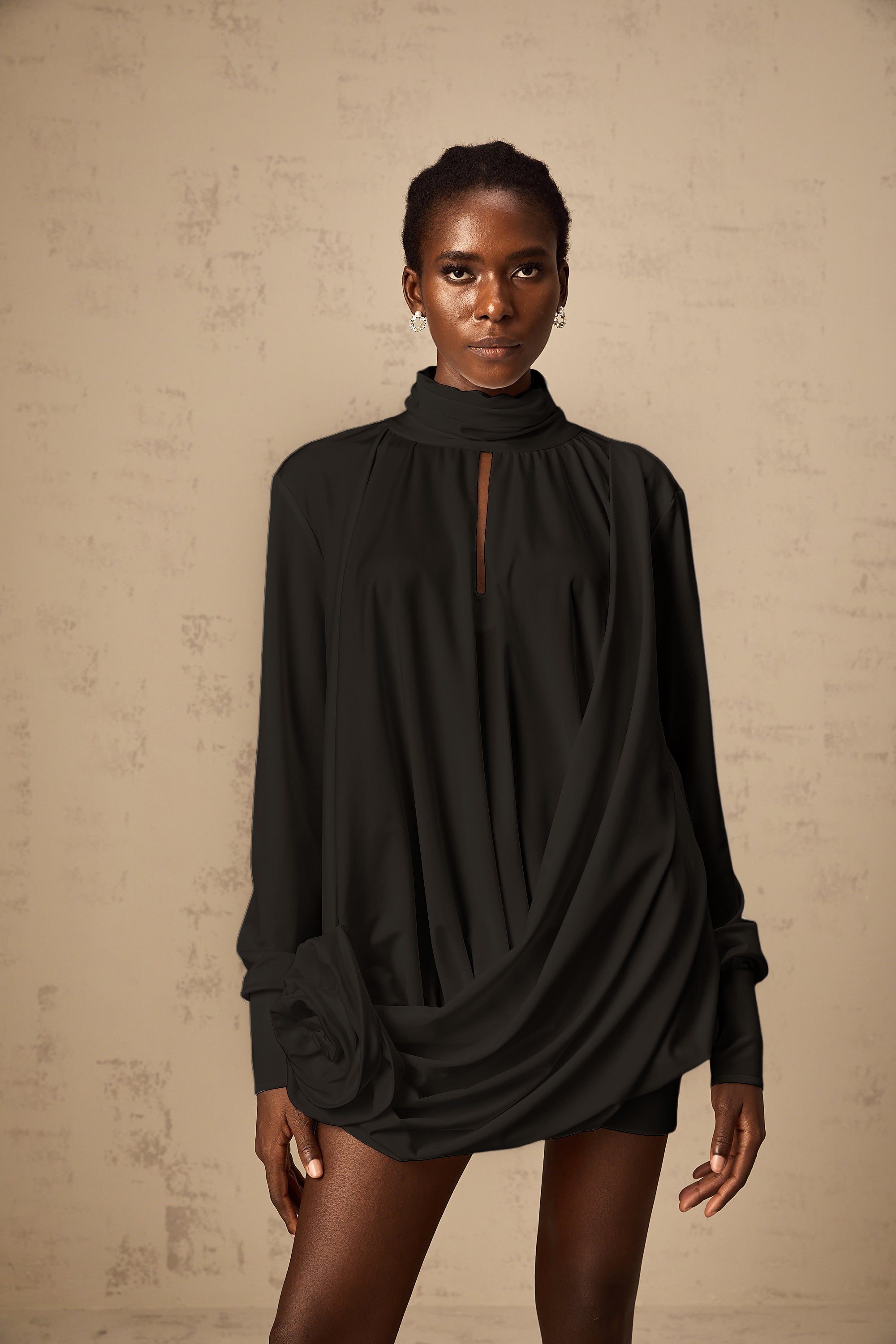 Maeva faux-flower ruched mini dress in Black