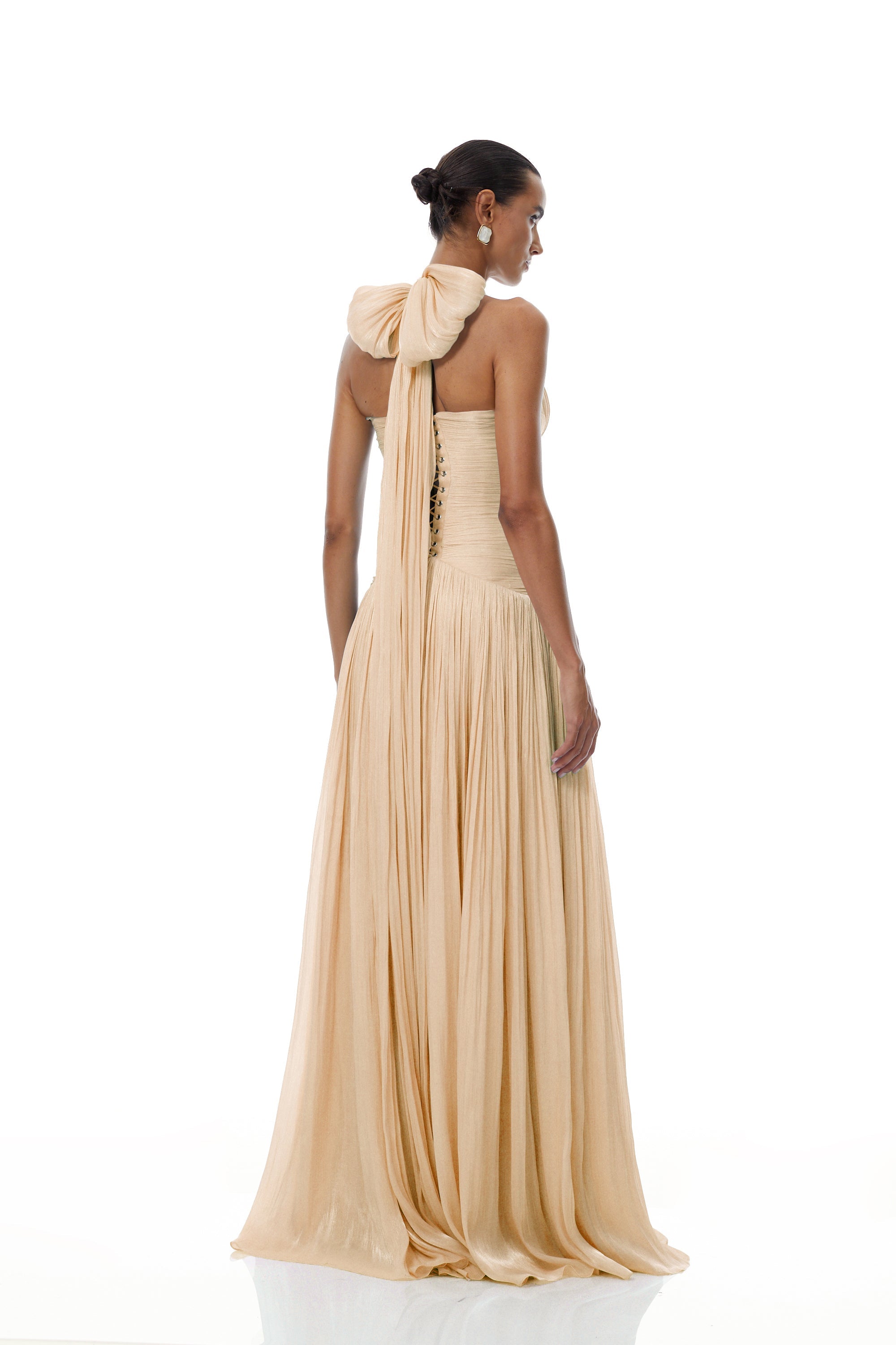 Térébenthine Neutral Glossy Gathered Maxi Dress