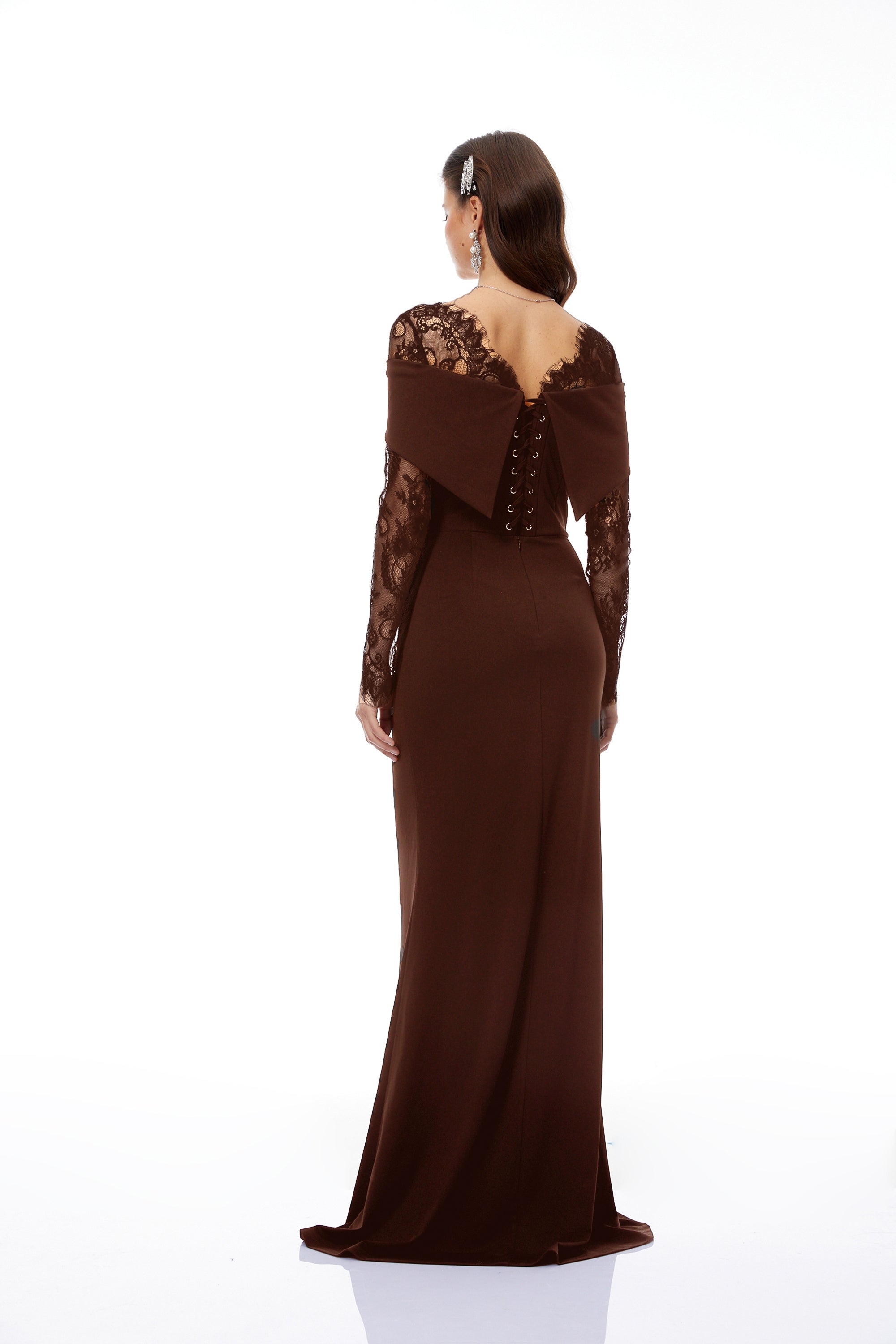 Georgiana Brown Lace Panel Flared Maxi Gown