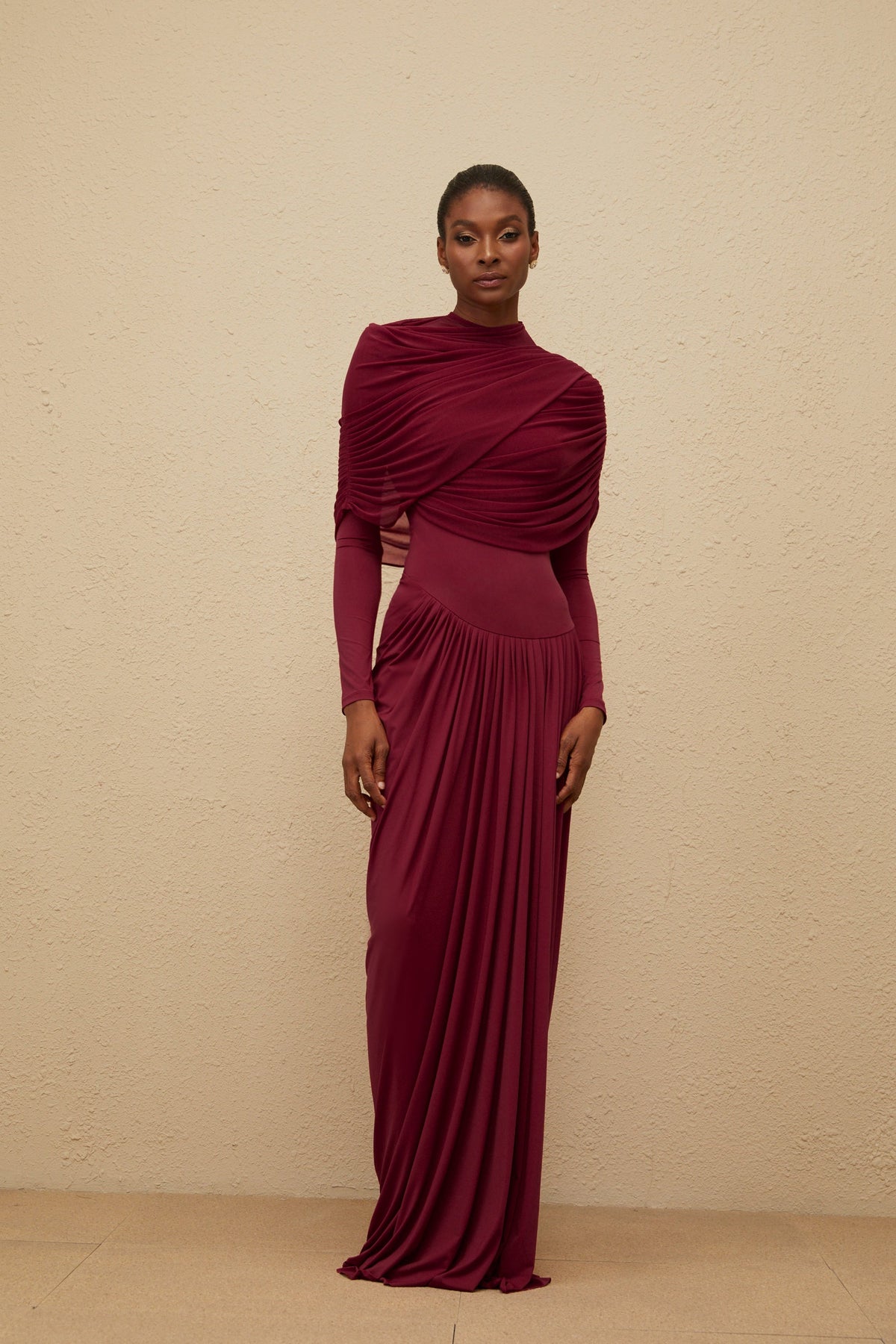 Catherine Red Asymmetrical Pleated Long-Sleeve Maxi Dress (Final Sale)