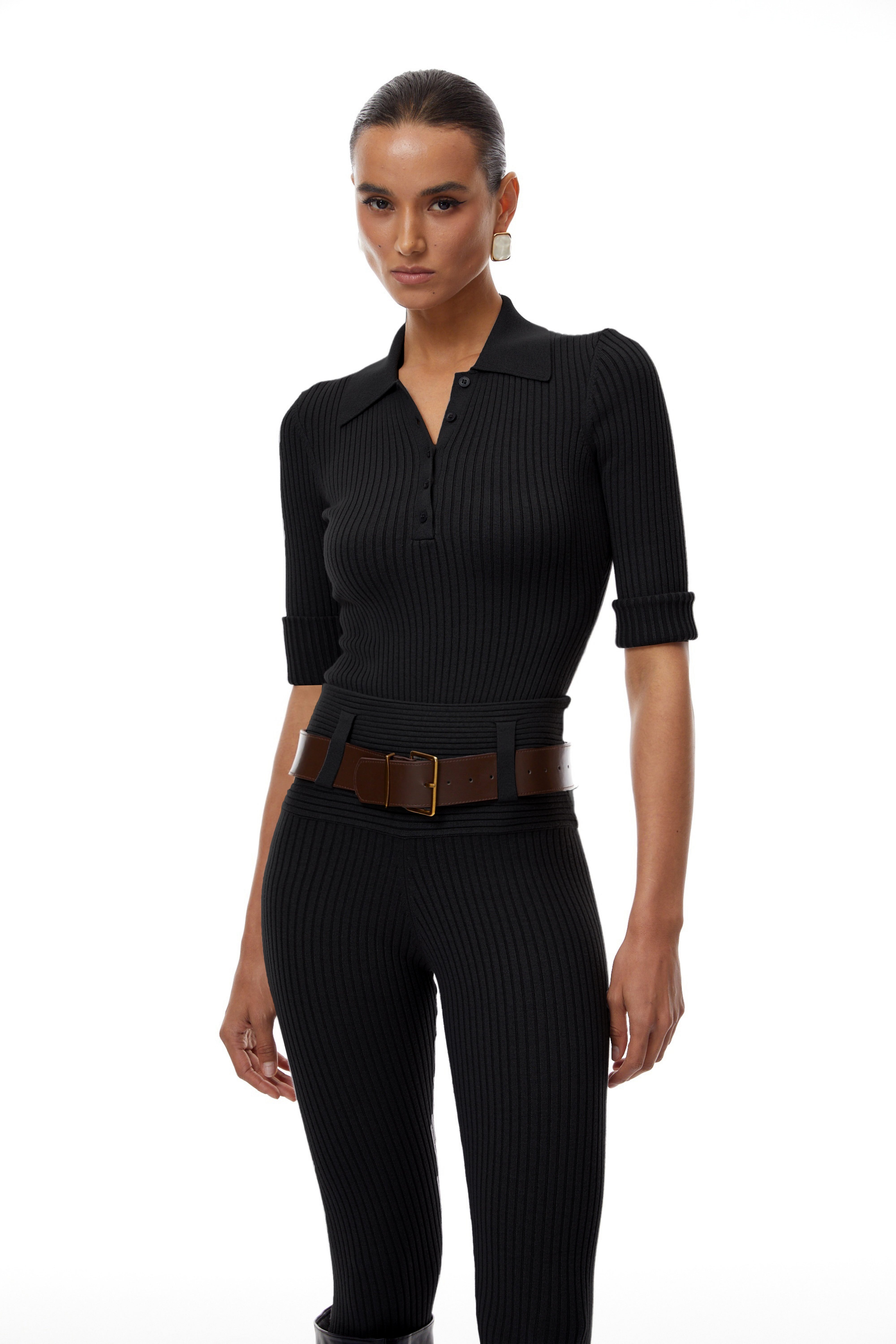 Claire Black Ribbed Knit Bodysuit & Trousers Set