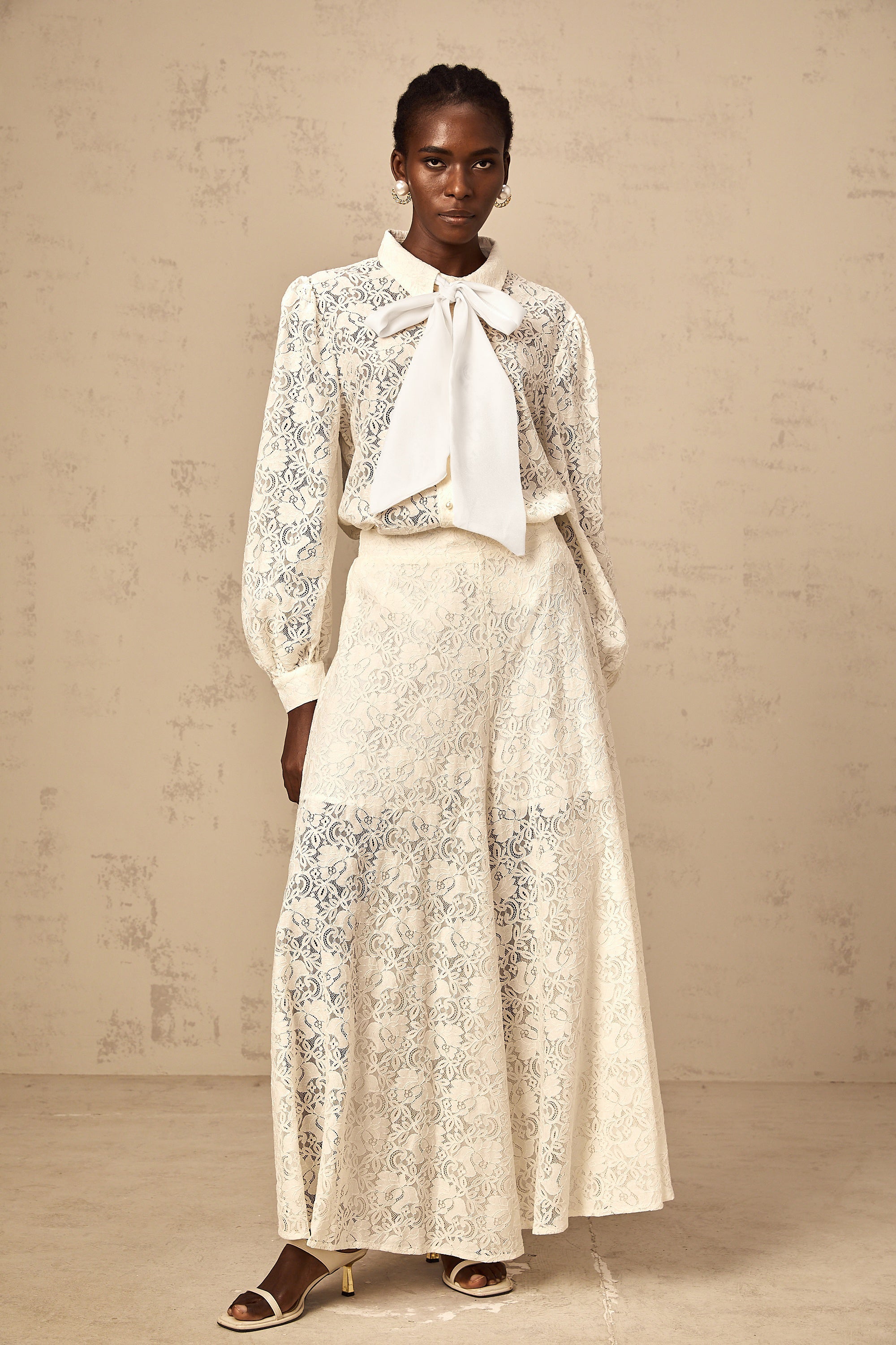 Vanessa white guipure-lace shirt & trousers matching set (Final Sale-US Only)