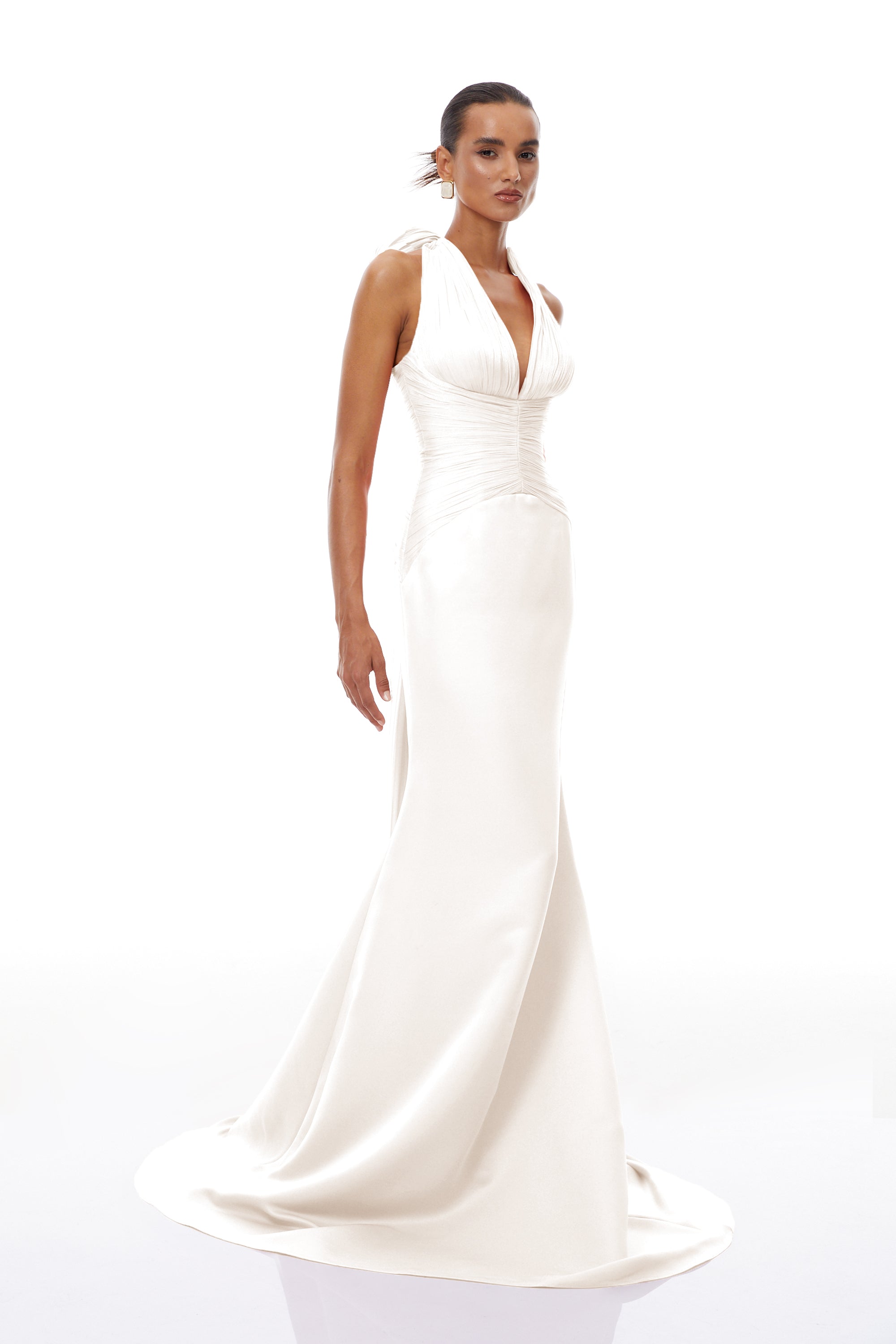 Emmeline White Train Design Gathered Maxi Dress