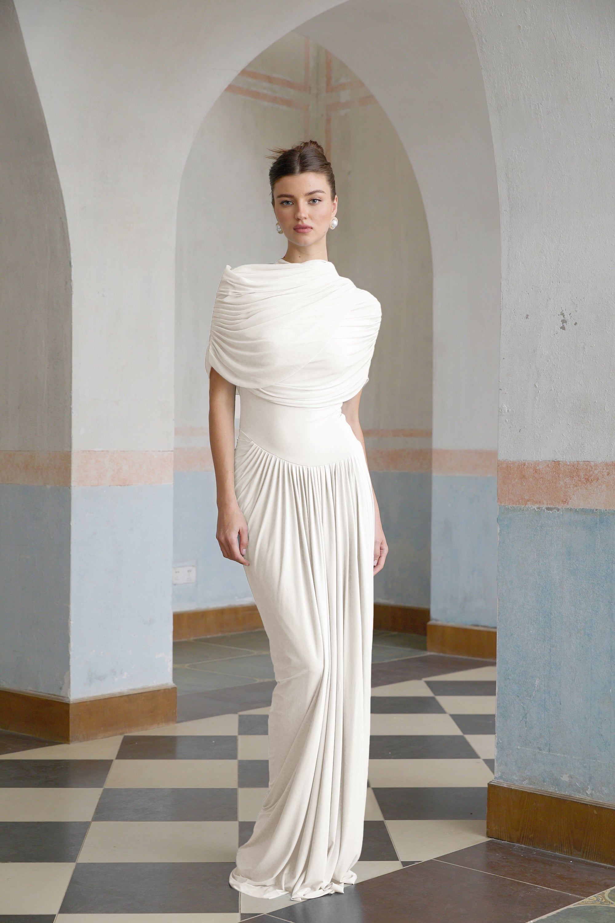 Catherine asymmetric pleated maxi dress in White