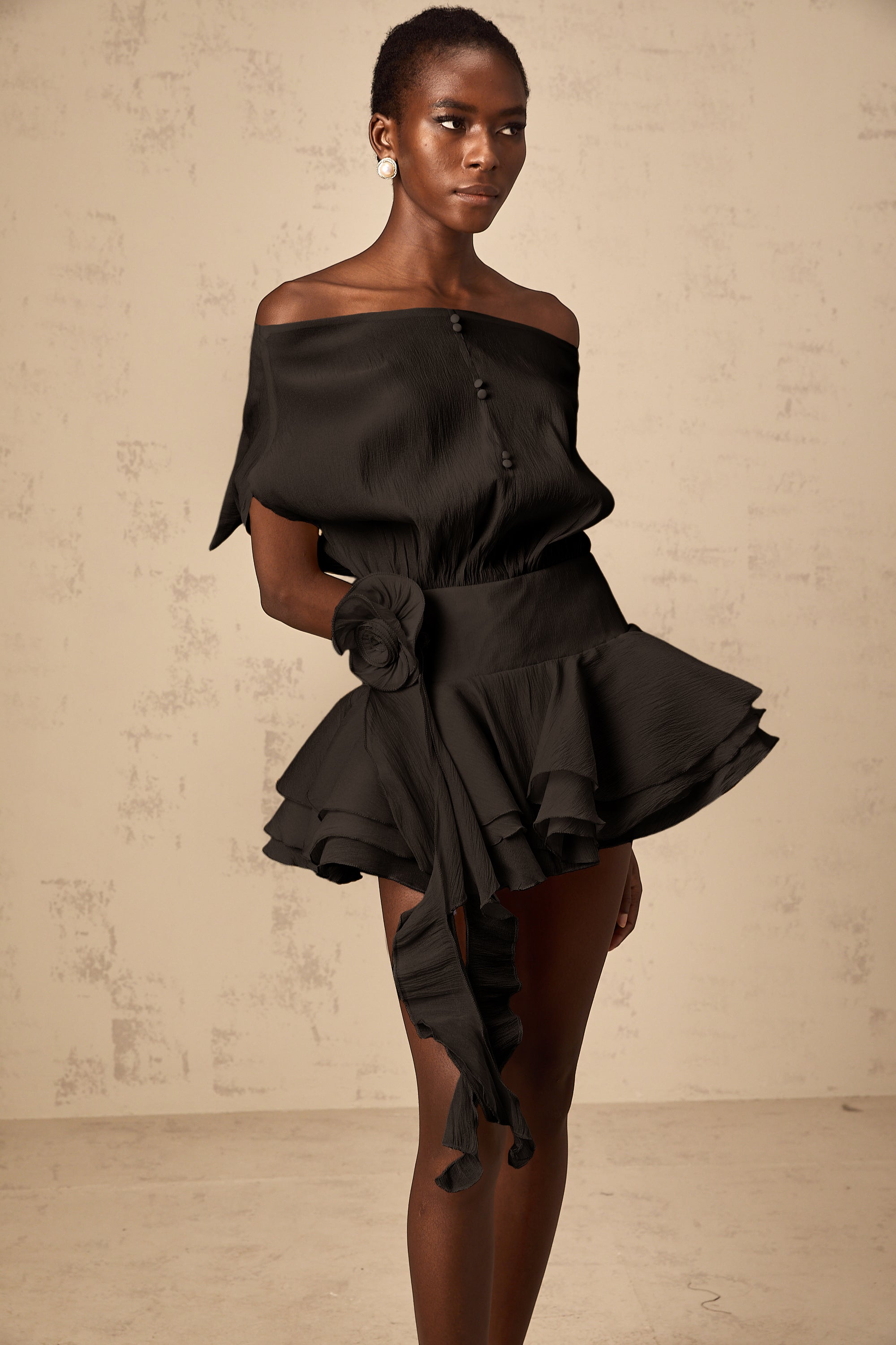 Amélie Black Floral Appliqué Flounced Mini Dress (Final Sale-US Only)