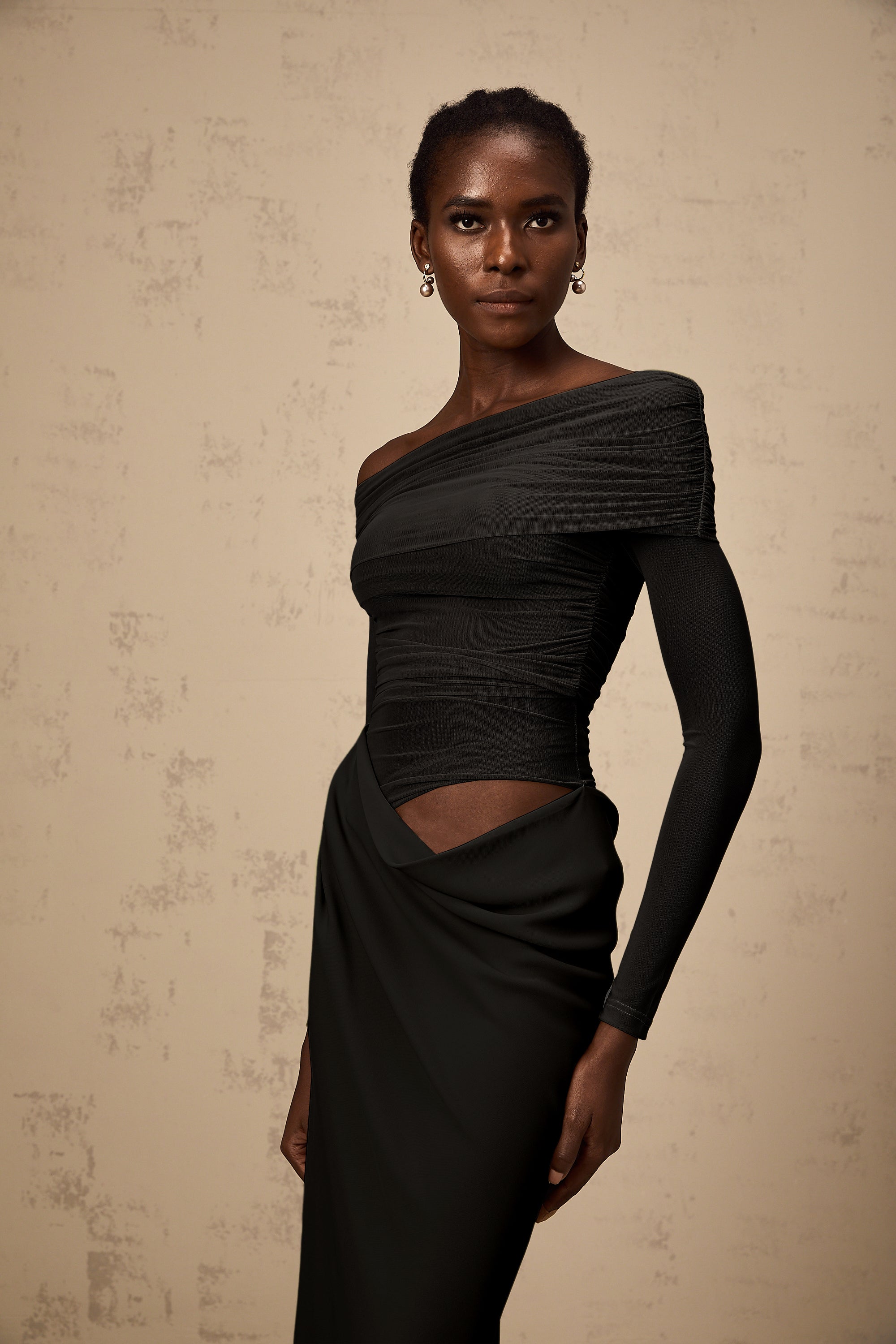 Estelle off-shoulder semi-sheer midi dress in Black