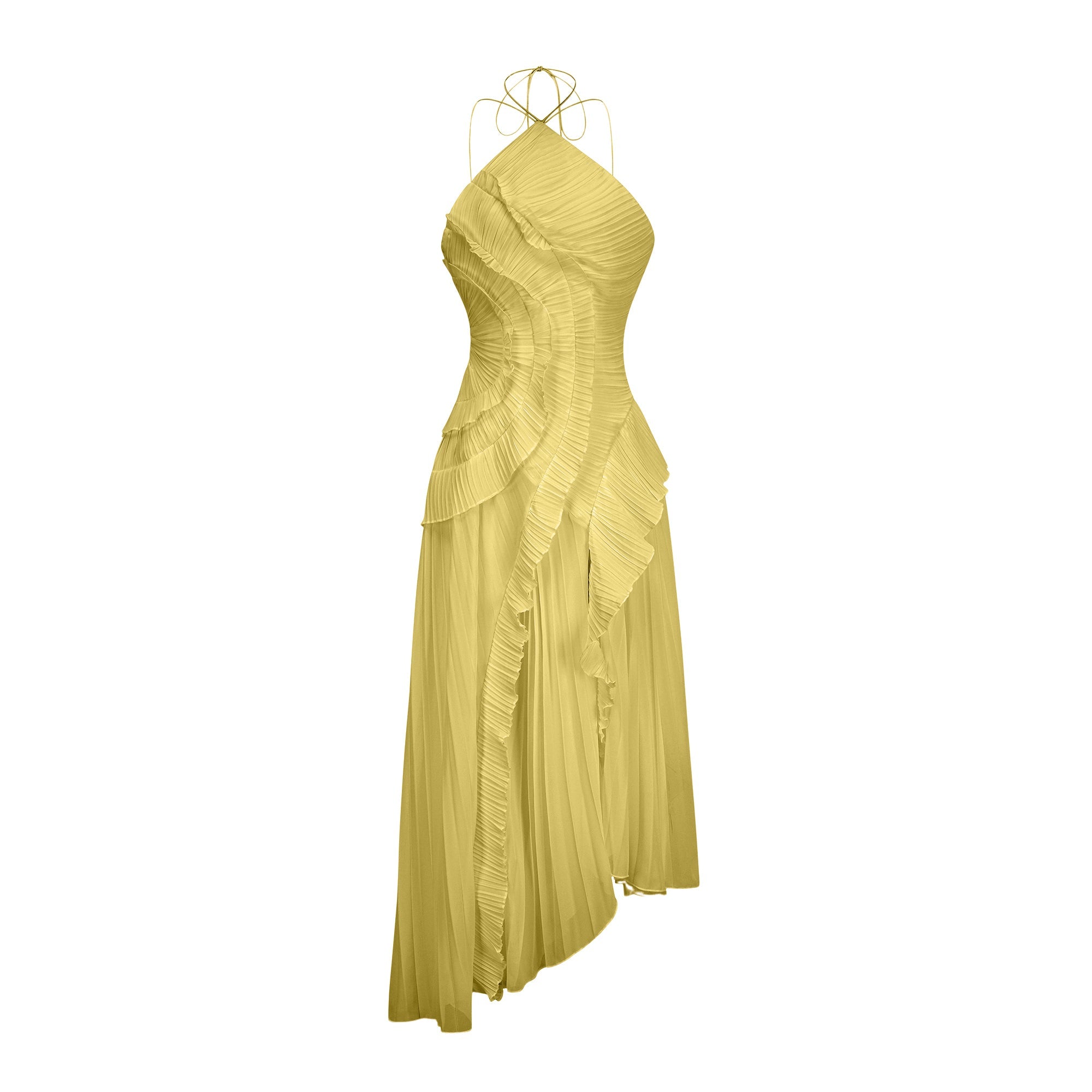 Doux Yellow Ruffled Trim Pleated Midi Dress (Final Sale-US Only)