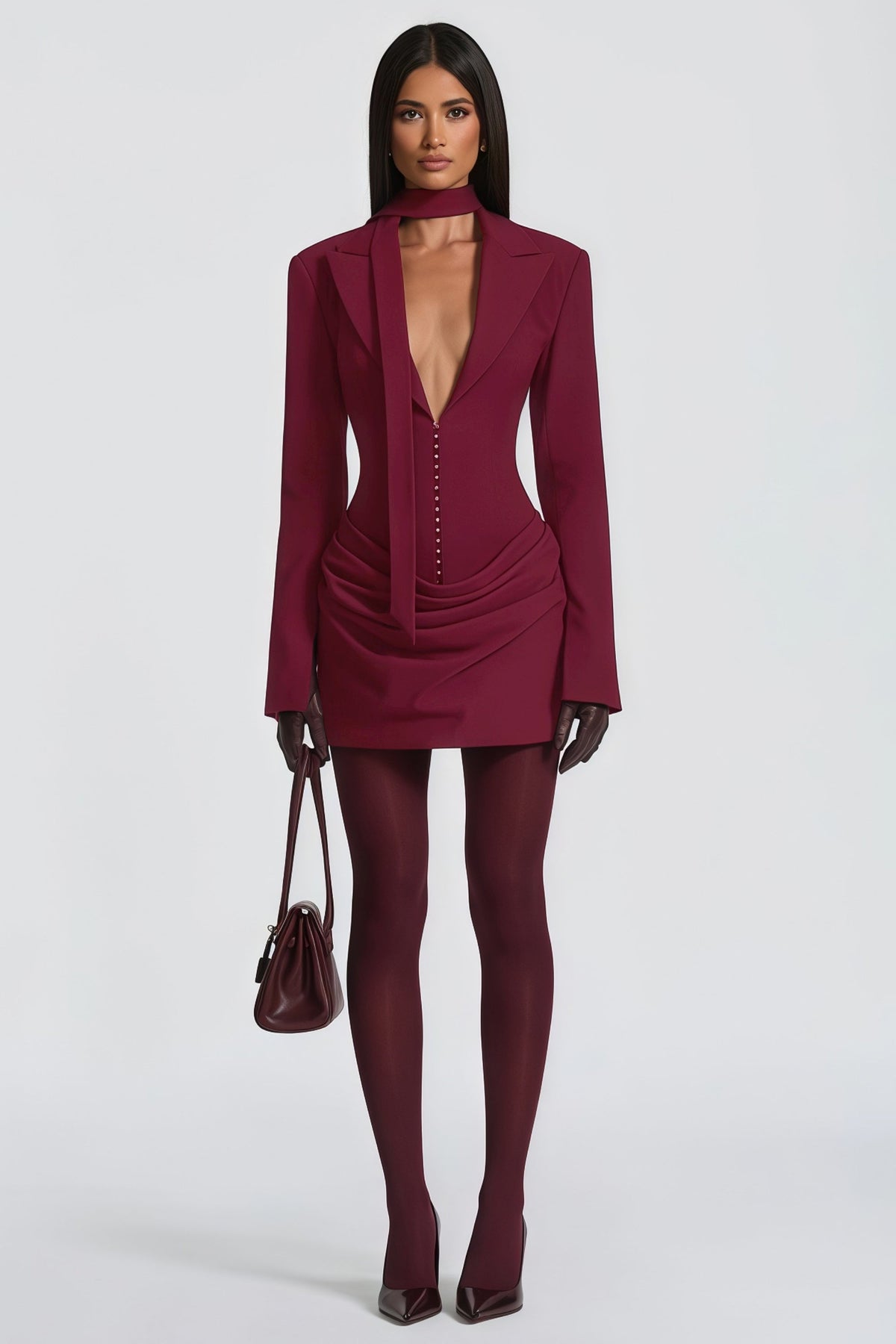 Rosette Burgundy Ruched Blazer Mini Dress (Final Sale-US Only)