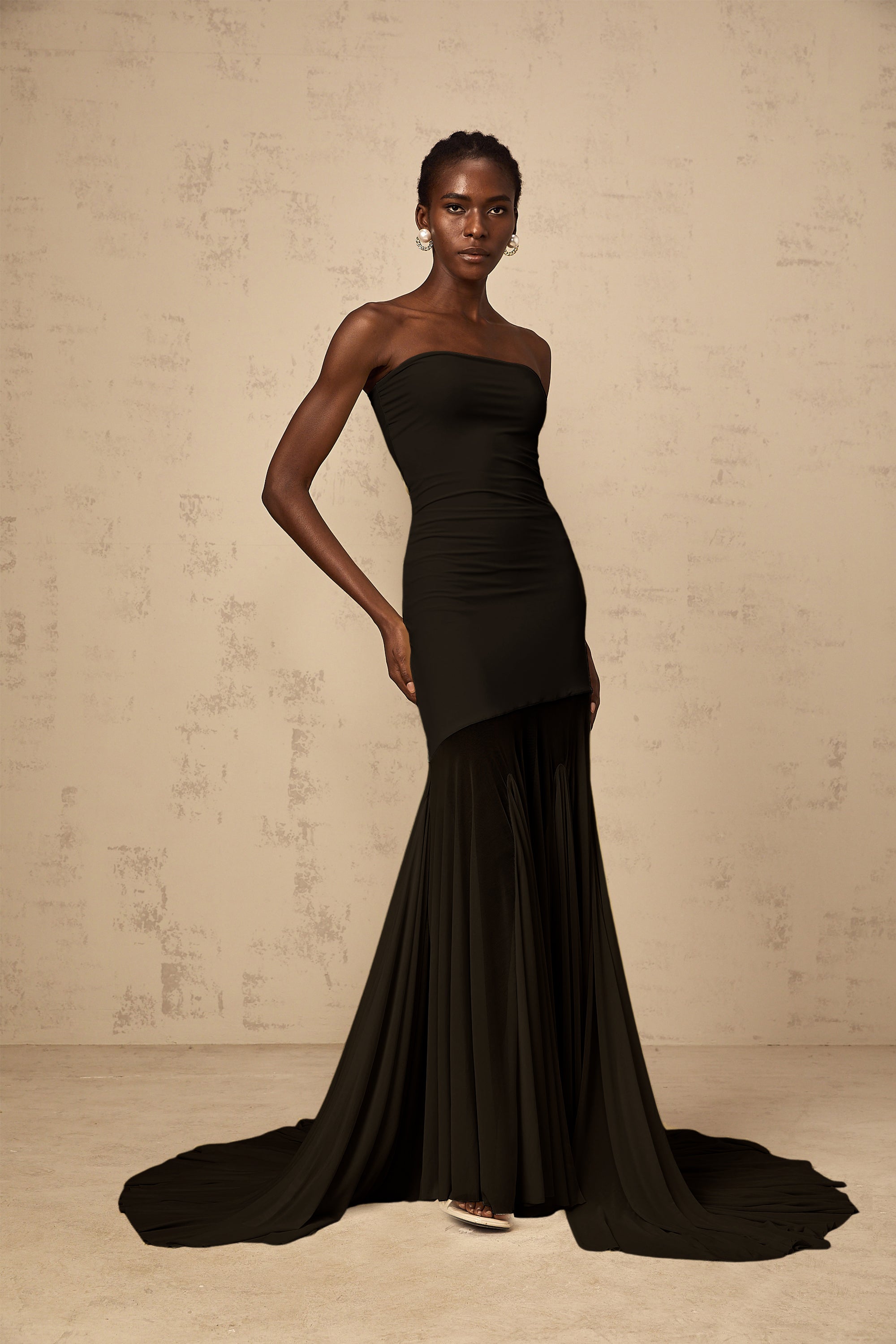 Josiane Black Off-shoulder Sheer Tulle Maxi Dress