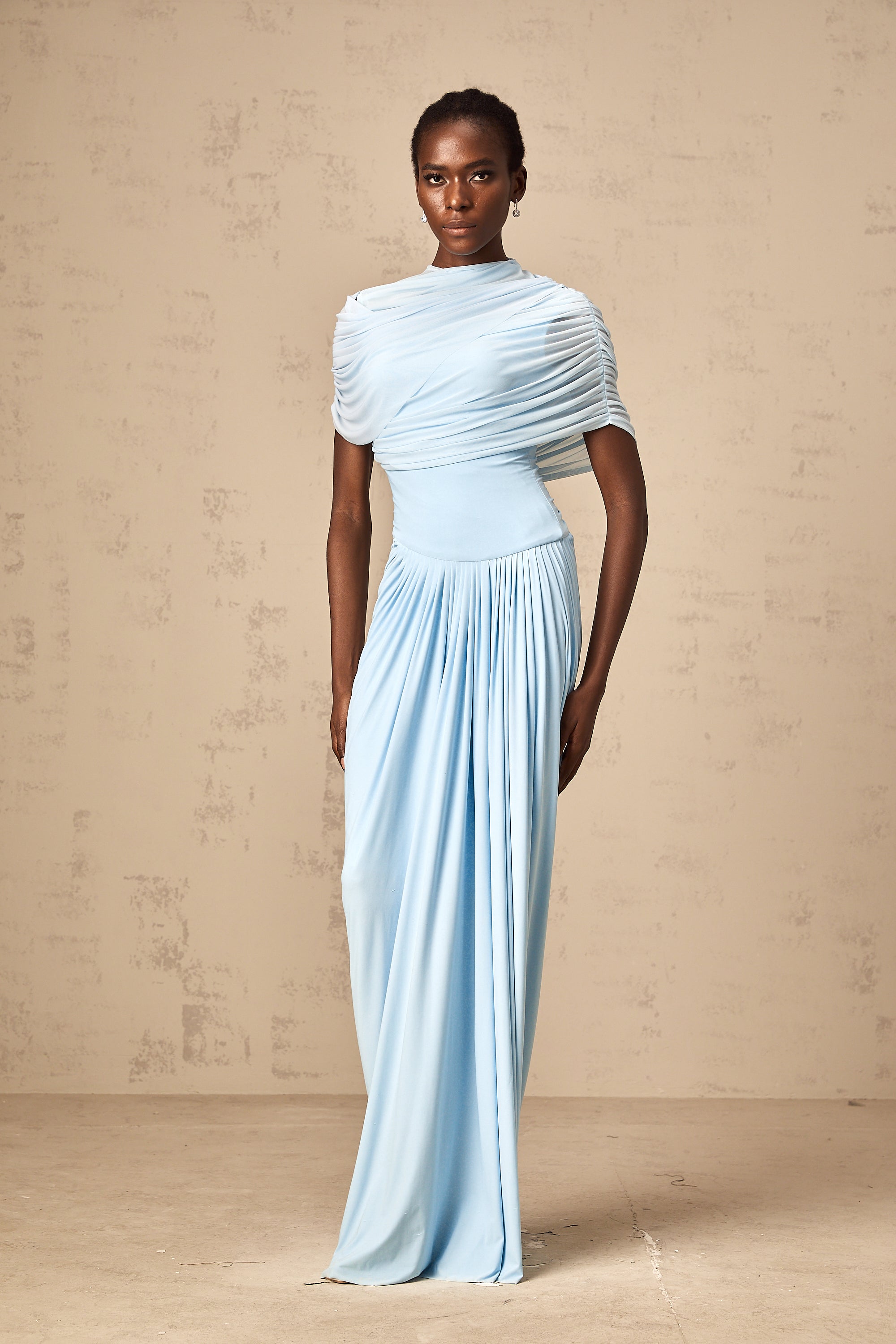 Catherine asymmetrical pleated maxi dress in Baby-blue
