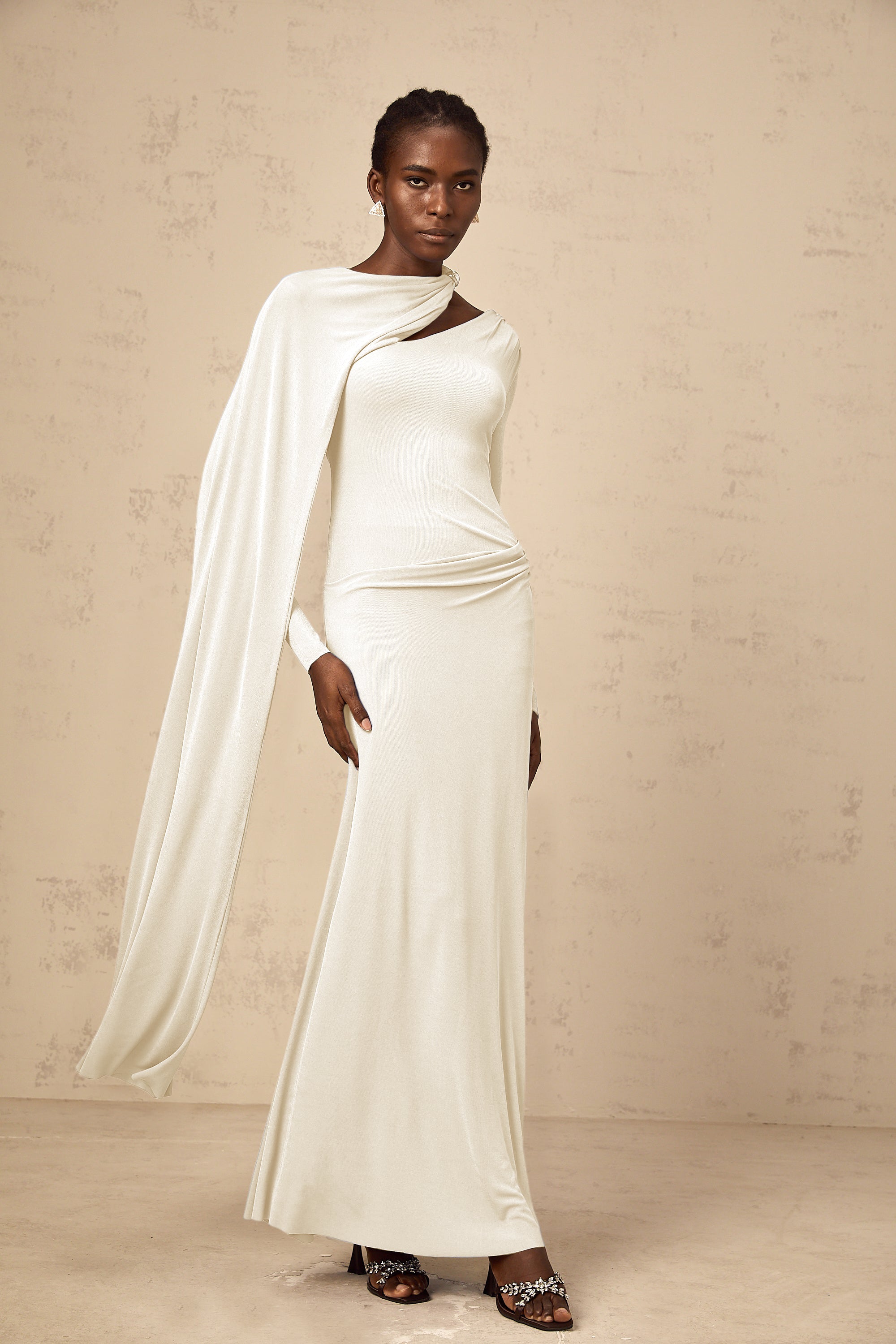 Josette White Diagonal Shawl Fitted Maxi Dress