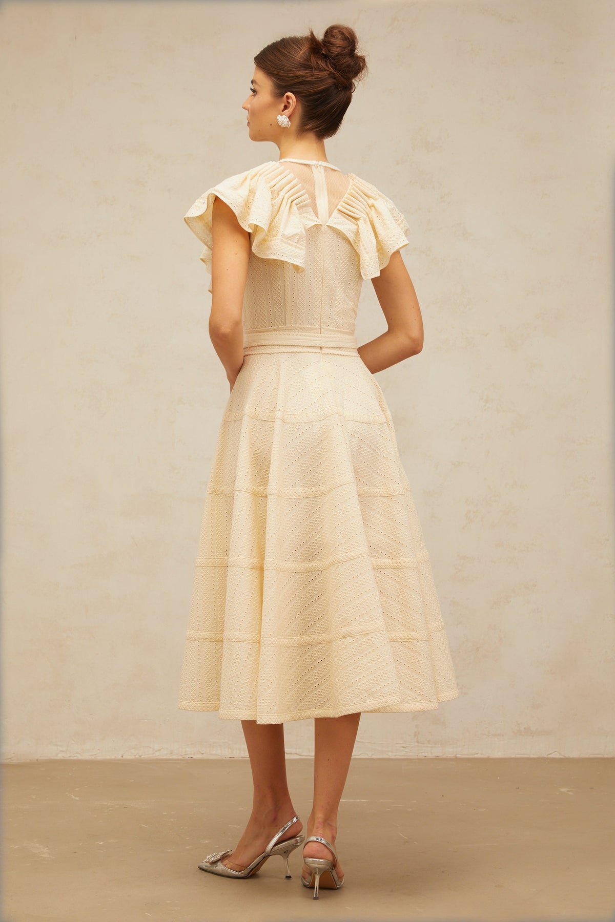 Irène neutrals belted pointelle-trim ruffled midi dress
