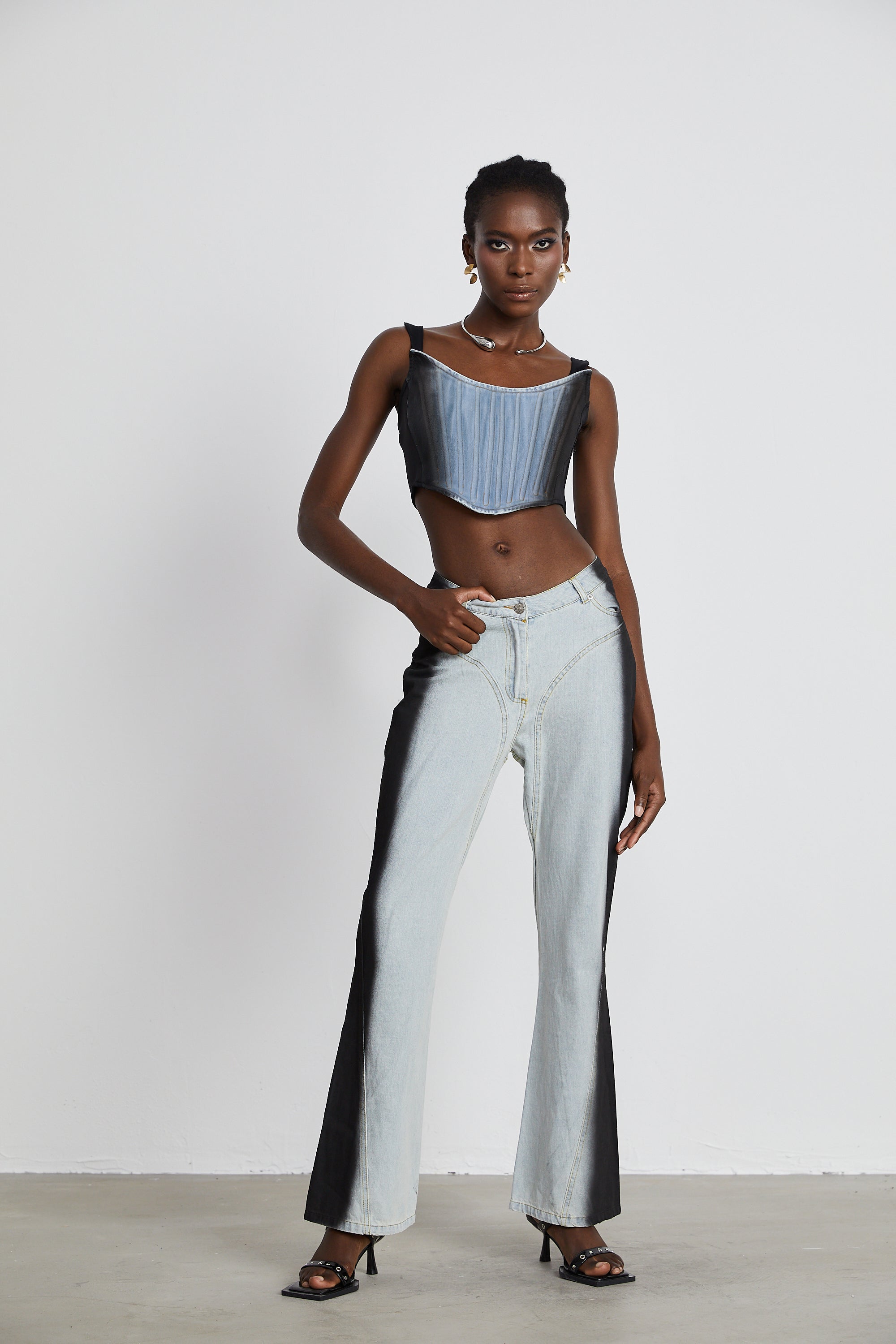 Manon two-tone denim cropped top