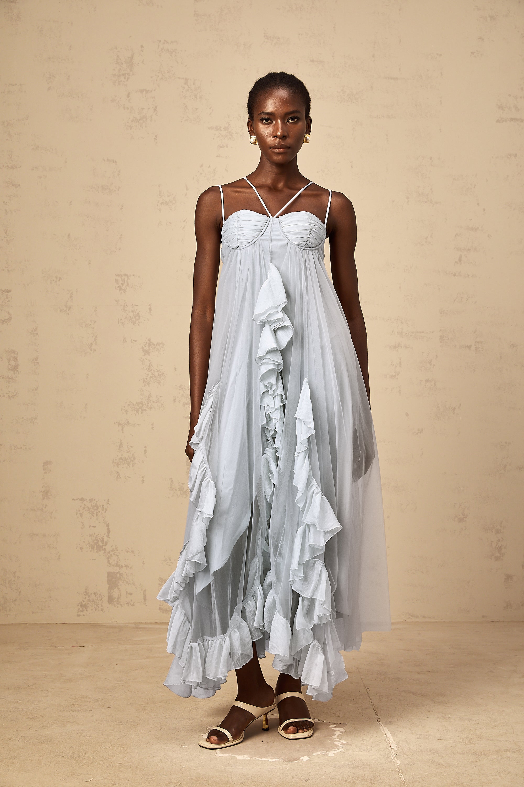 Colette layered ruffled tulle maxi dress in Blue