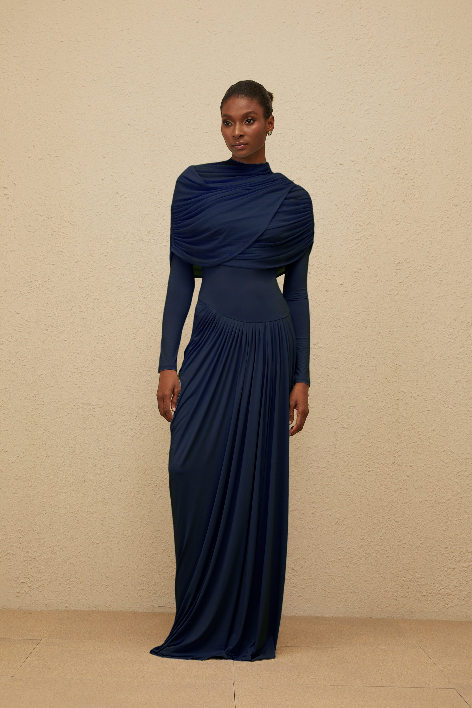 Catherine Navy-Blue Asymmetrical Pleated Long-Sleeve Maxi Dress