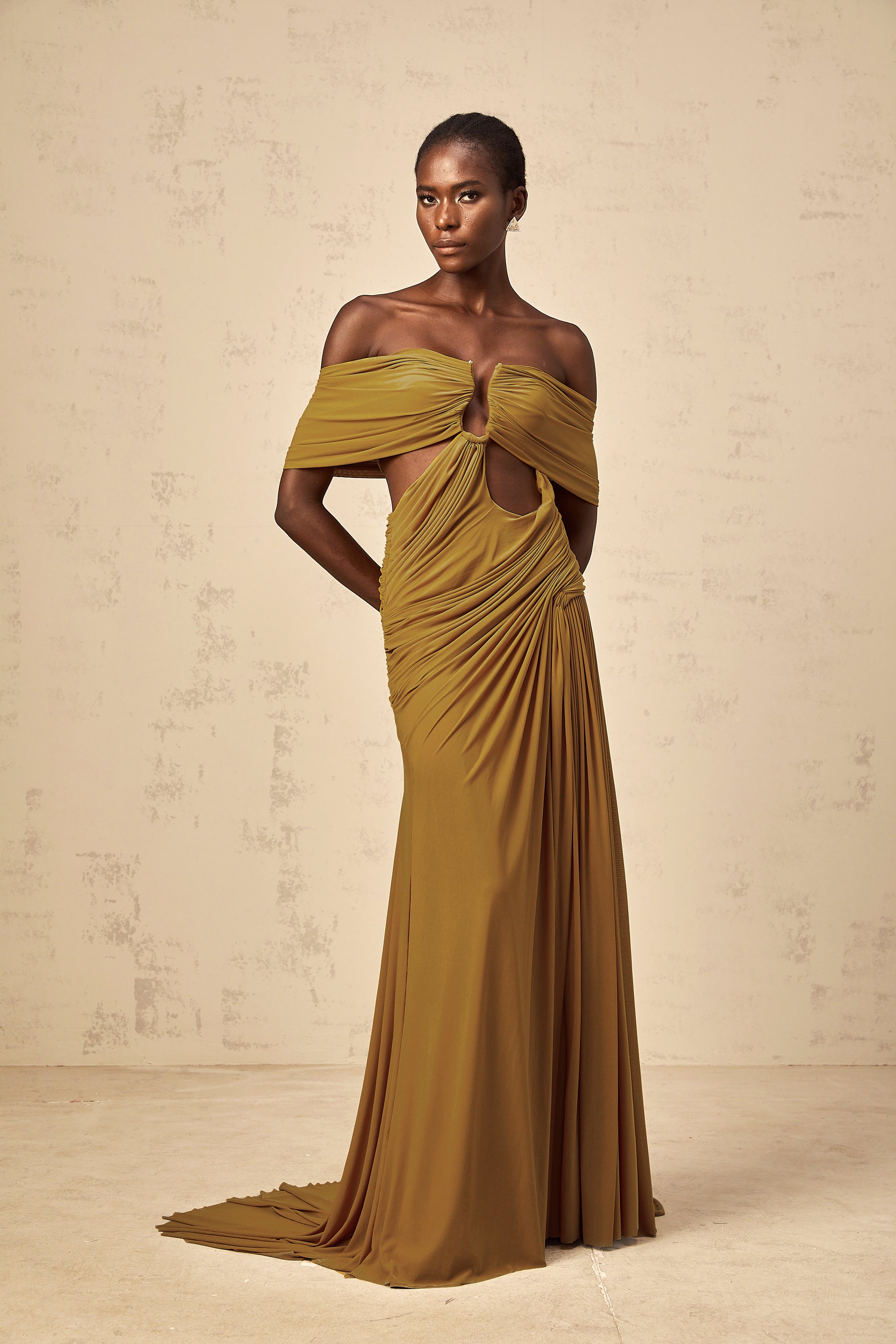 Ludivine ocher off-shoulder cut-out ruched maxi dress (Final Sale-US Only)