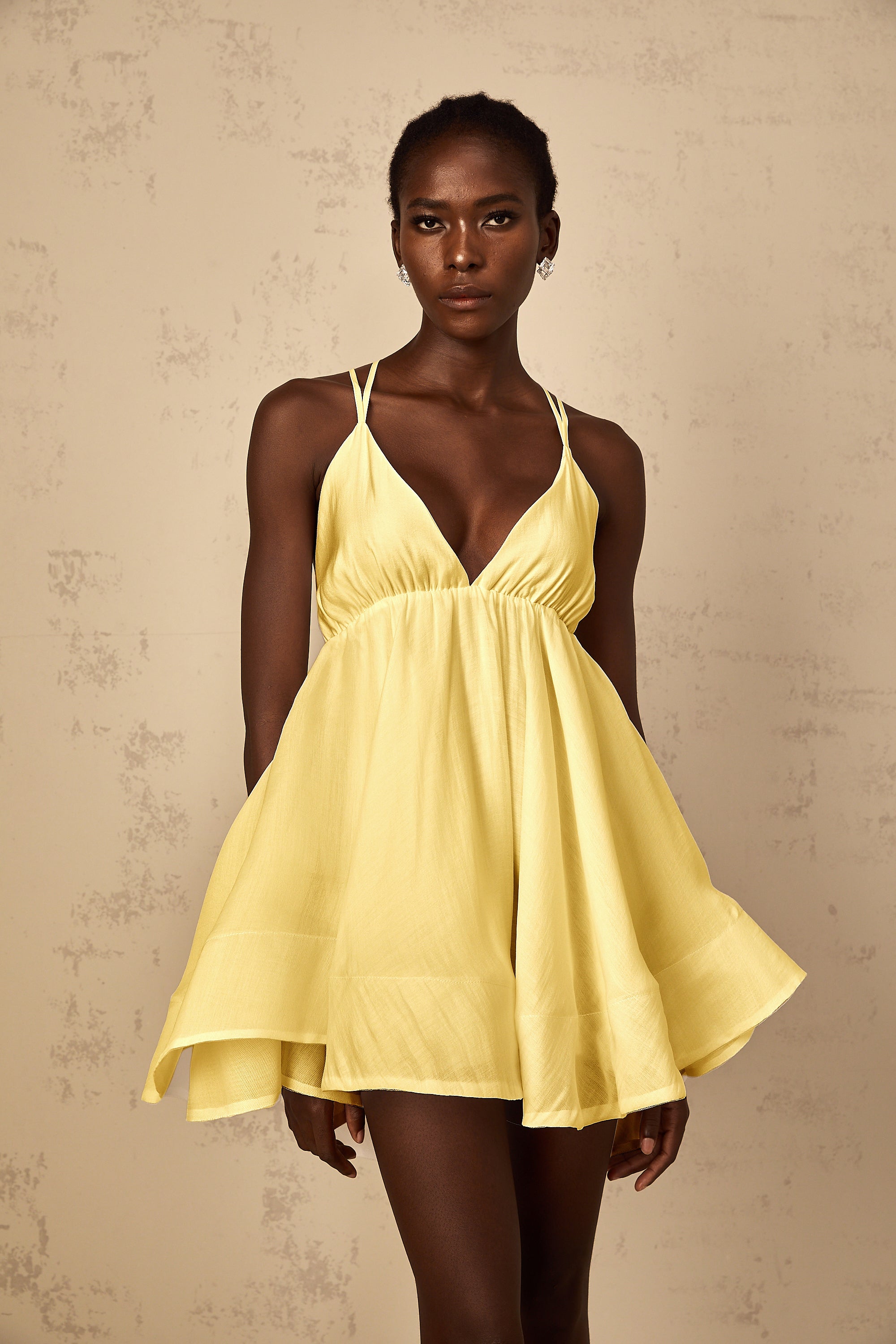 Quincie Yellow Shirred Flounced Mini Dress (Final Sale)