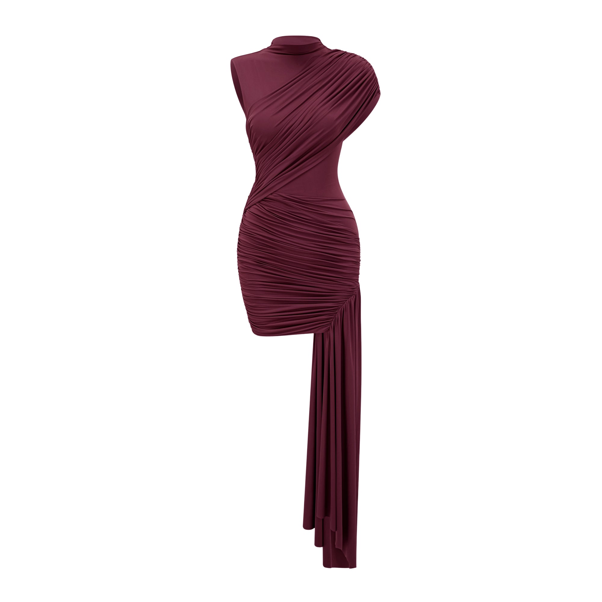 Fée Burgundy Asymmetrical Ruched Mini Dress (Final Sale)