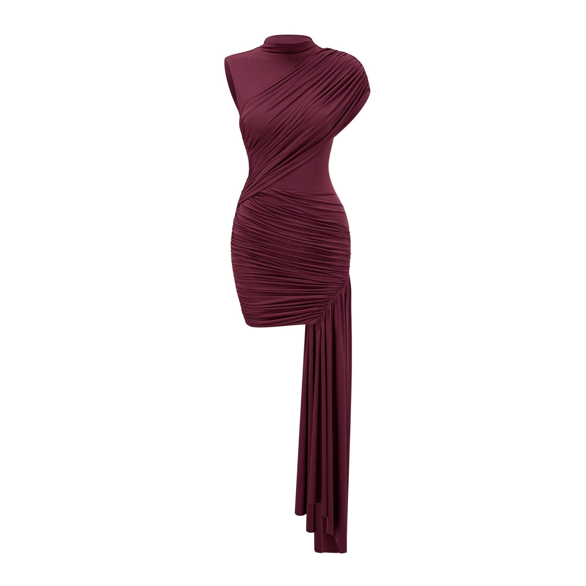 Fée Burgundy Asymmetrical Ruched Mini Dress (Final Sale)