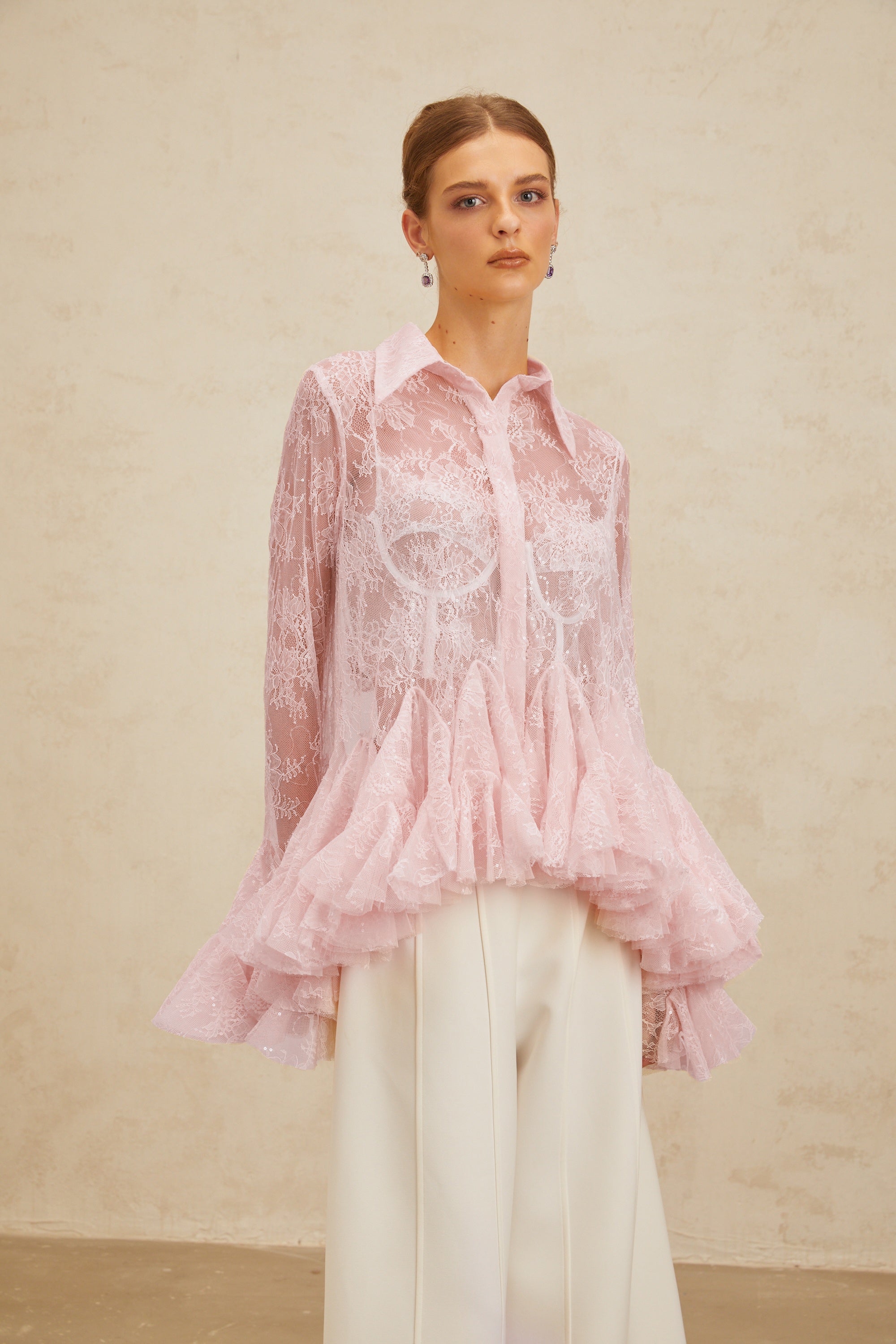 Ingrid Pink Peplum Floral Lace Blouse