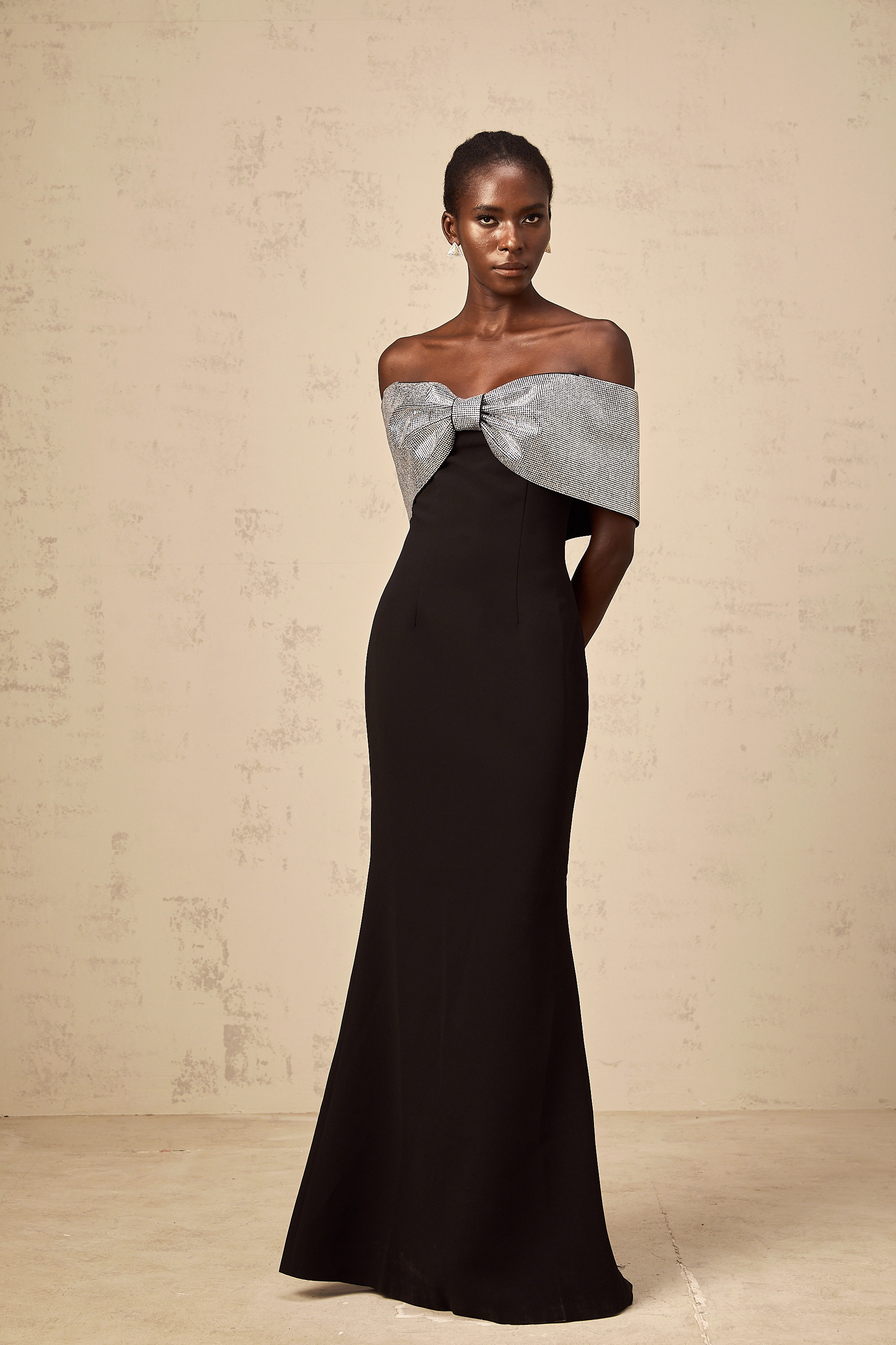 Chloé black rhinestone-bow off-shoulder maxi dress