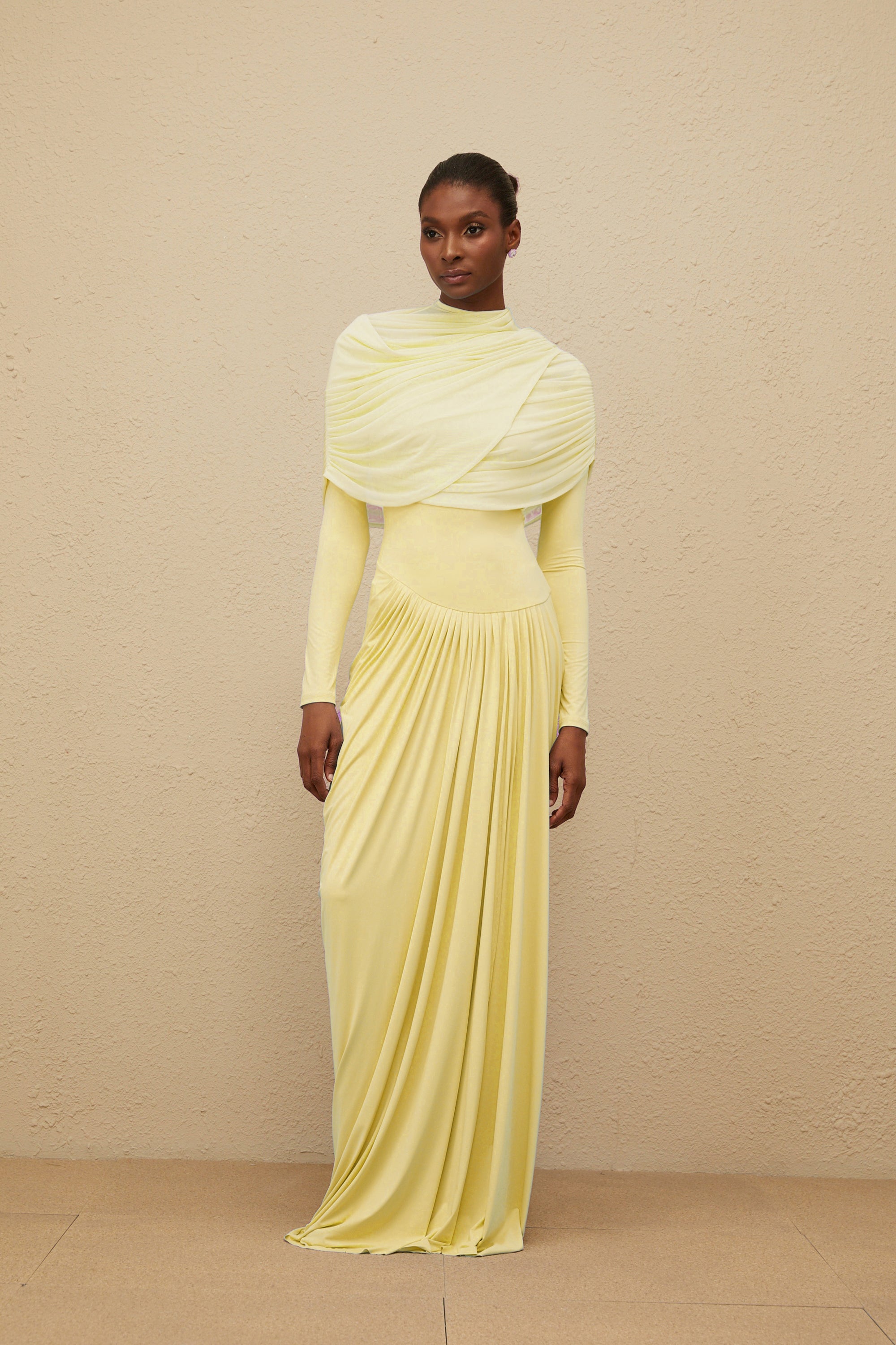 Catherine Yellow Asymmetrical Pleated Long-Sleeve Maxi Dress
