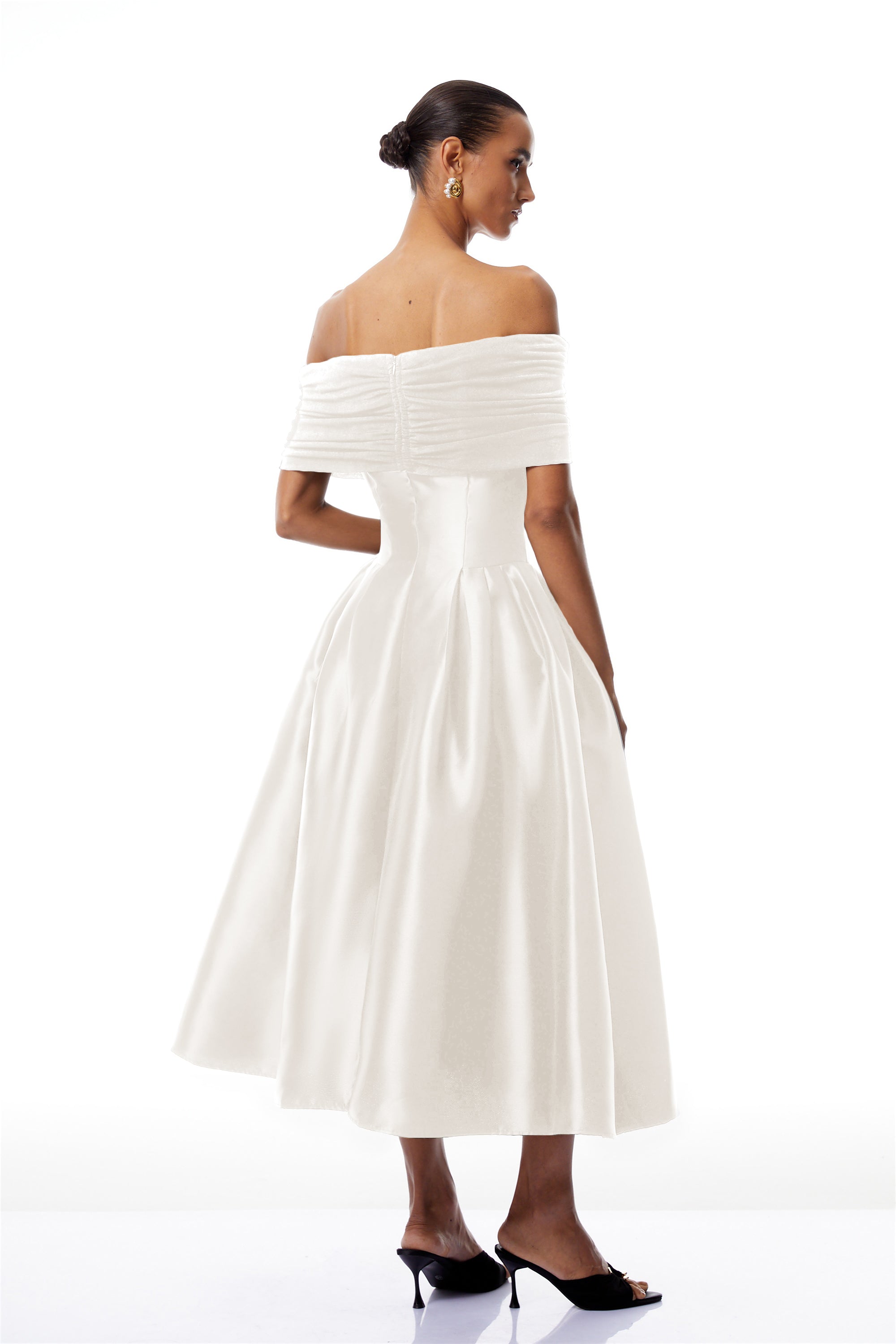 Ainara White Off Shoulder Polished Midi Dress (Final Sale-US Only)